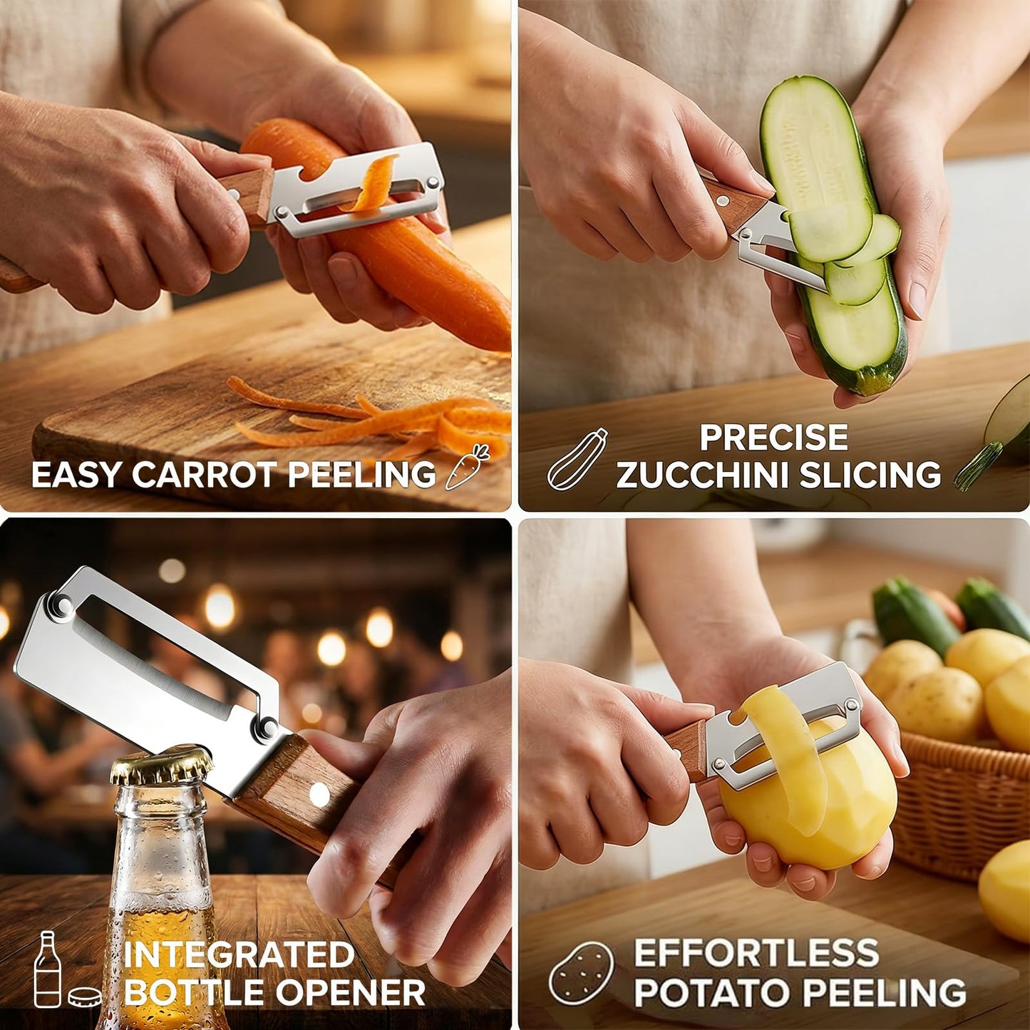 2026 New 2-in-1 Multifunctional Vegetable Peeler – Stainless Steel Blade with Wooden Handle & Bottle Opener, Effortlessly Peels Fruits & Vegetables, Ideal Kitchen Tool Gift (2-Pack)