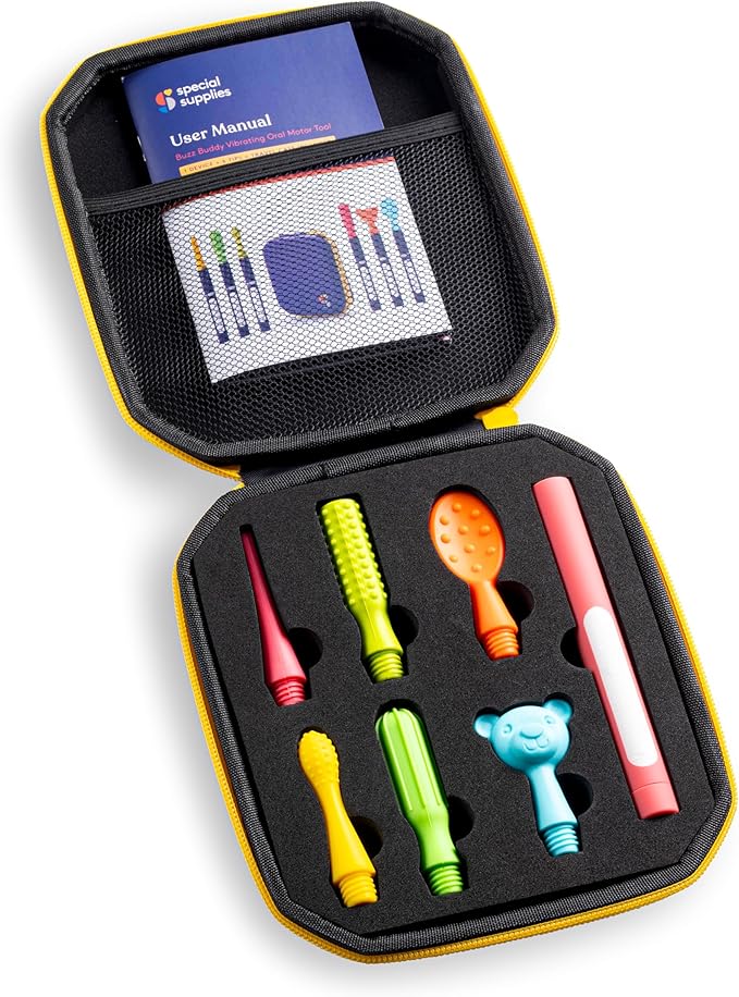 Special Supplies Buzz Buddy Oral Motor Stimulation kit with 6 Soft Textured Interchangeable Heads, Calm Sensory Needs, Support Speech, and Stimulate Self Feeding, Gentle Vibrations (Pink)