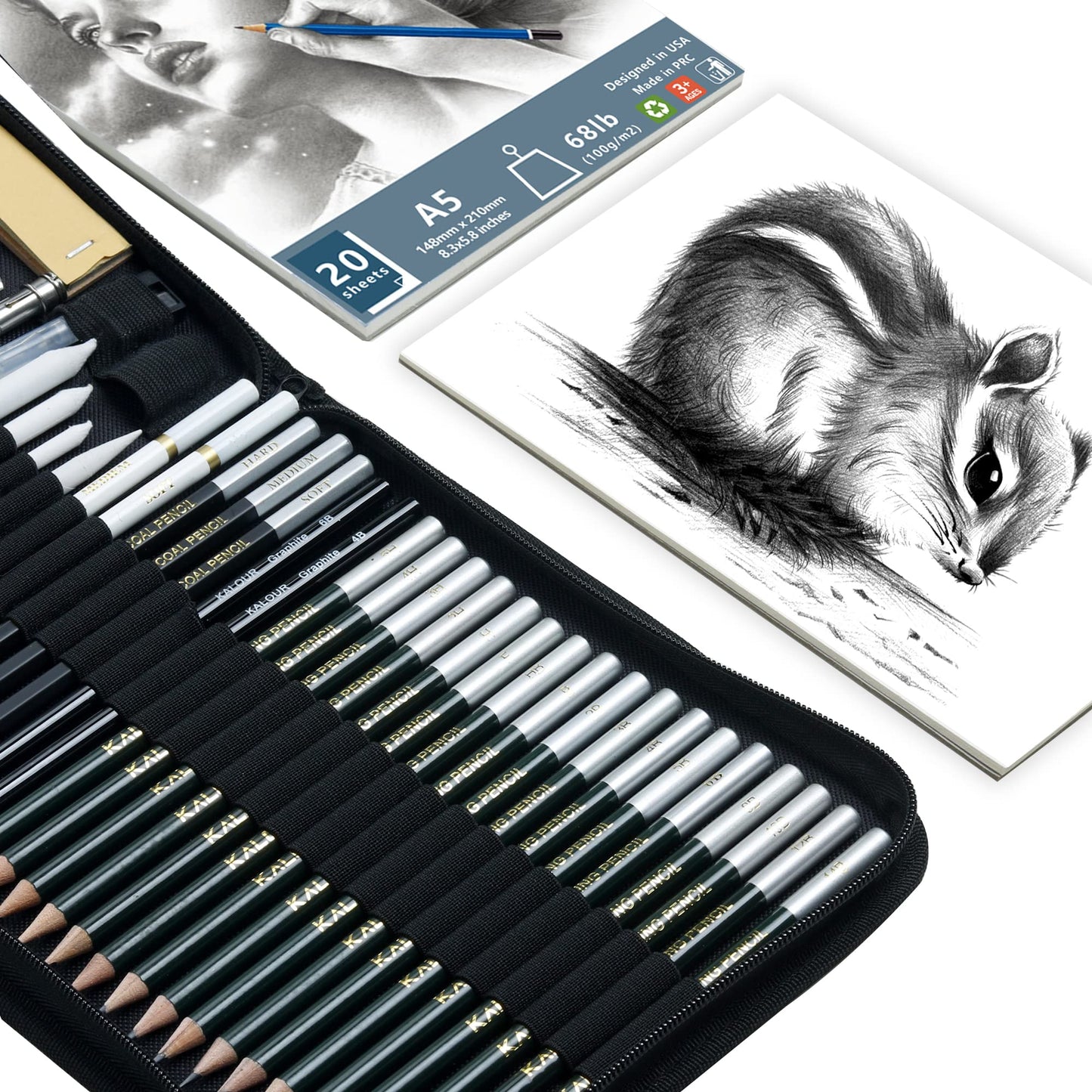 KALOUR 54-Pack Sketch Drawing Pencils Kit with Sketchbook,Include Graphite,Charcoal Pencils and Artists Tools,Pro Art Drawing Supplies for Adults Beginners,ideal for Sketching Shading