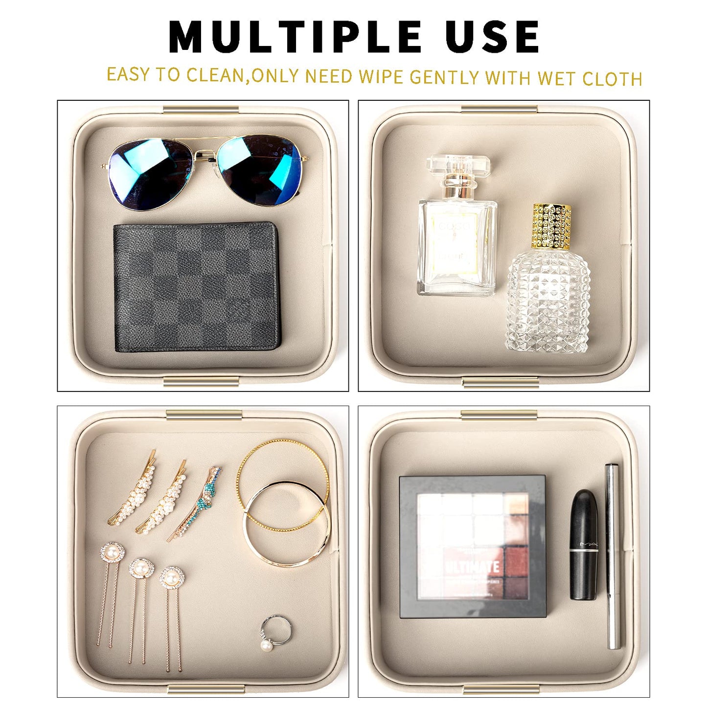 SANZIE Luxury Leather Desktop Storage Small Catchall Organizer Decorative Tray for Entryway Table to Hold Jewelry Watch Cosmetics Keys Phone Wallet, Home & Office Accessories (Metal Gilded, Grey)