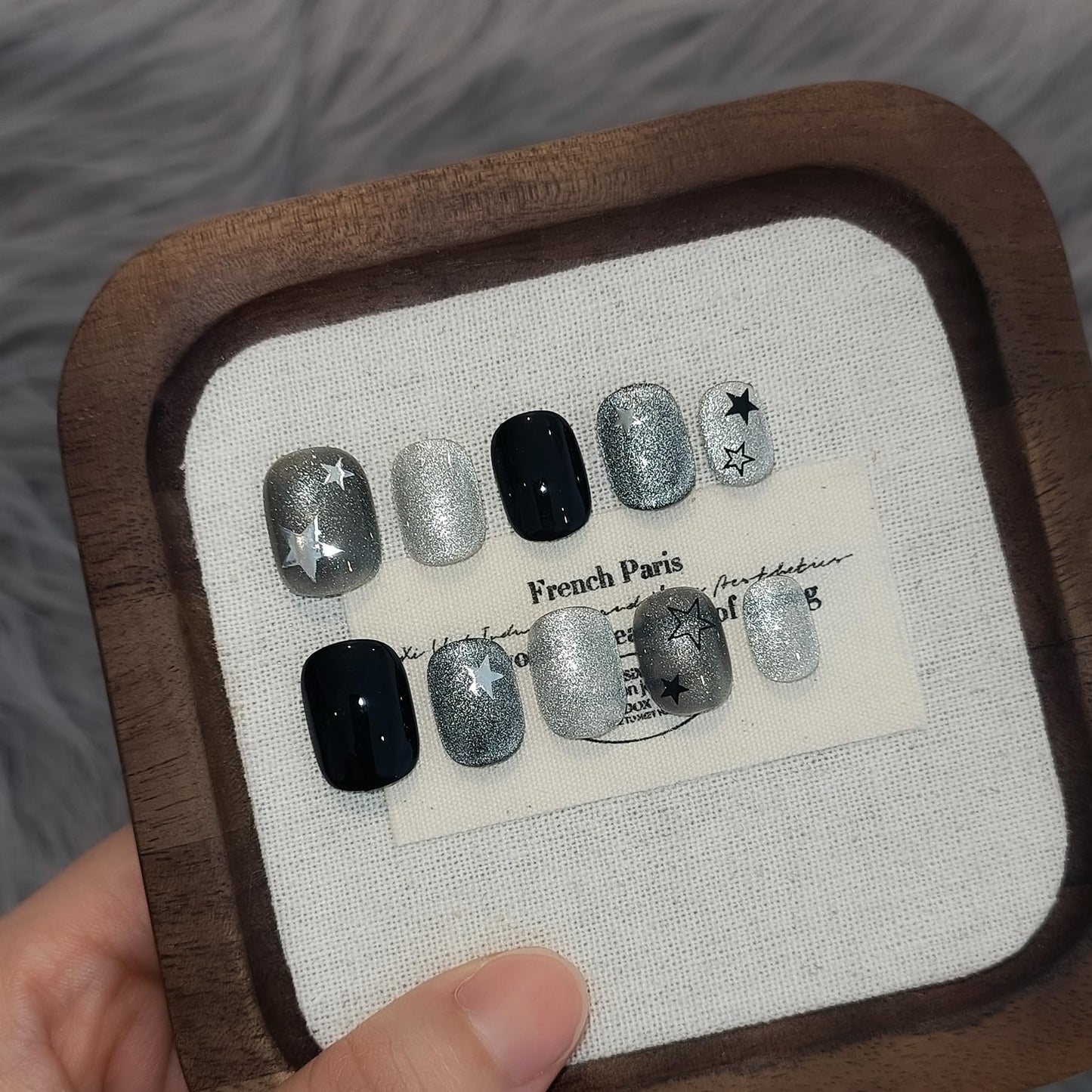 TENPAL Glitter Cat Eye Press On Nails 10 Pcs with Tools Kit - Handmade Black Grey Starry Sparkle Glue on Nails, Glossy Short Square Edgy Sweet False Nails,Reusable Fake Nails for Date Night Party(XS)