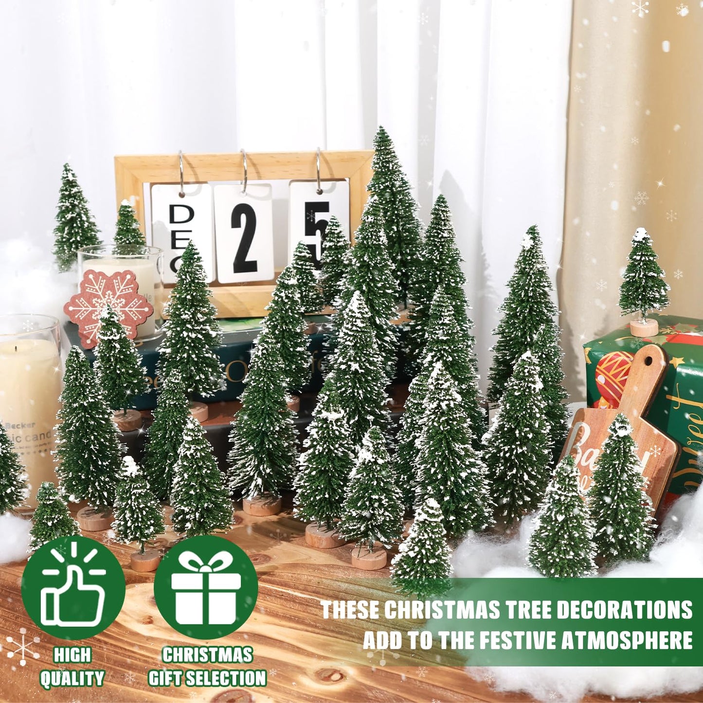 30Pcs Mini Christmas Trees Artificial Christmas Tree Bottle Brush Trees with Wooden Base for Christmas Decor Christmas Party Home Table Craft Decorations(Green-A)