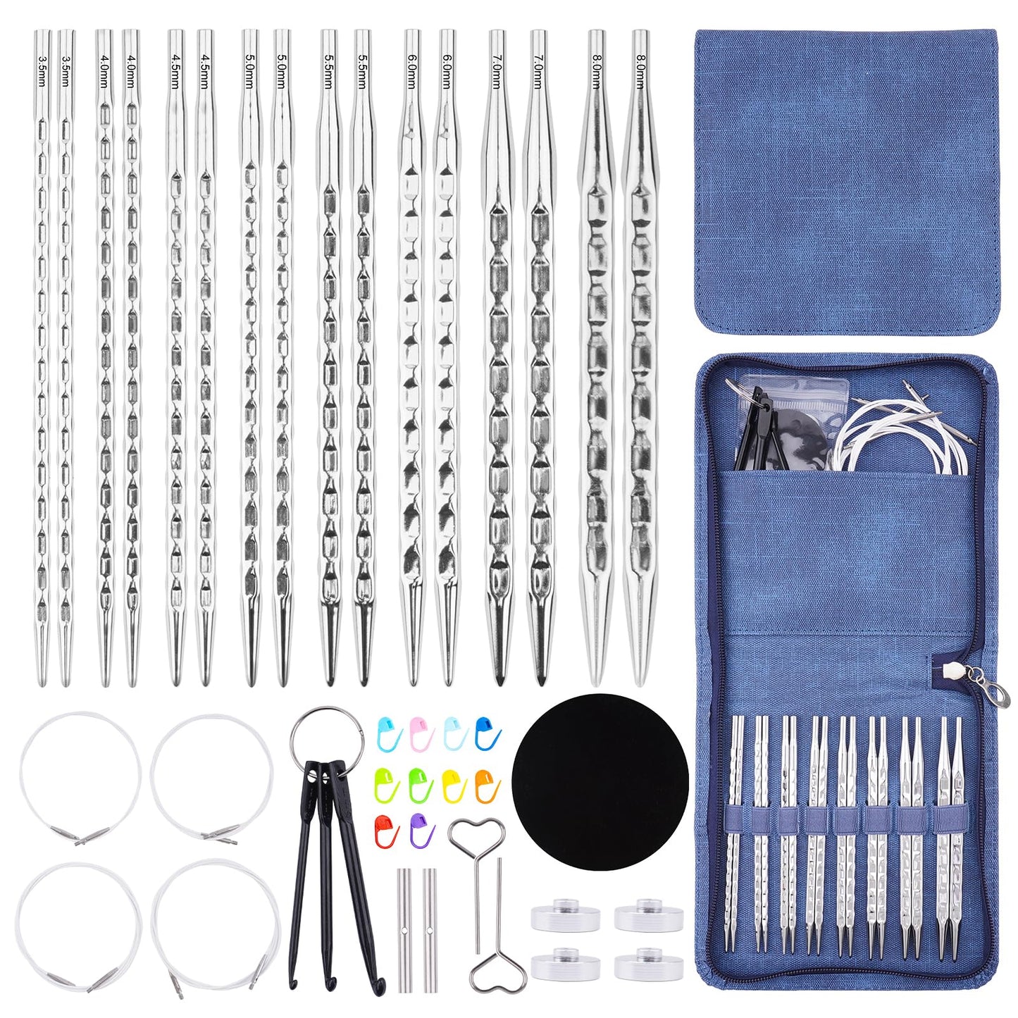 BsHooker Interchangeable Knitting Needles Set with Case,8 Pairs Square Aluminum Circular Knitting Needles with 4 Cable,Ergonomic Needles Kit 3.5mm-8mm
