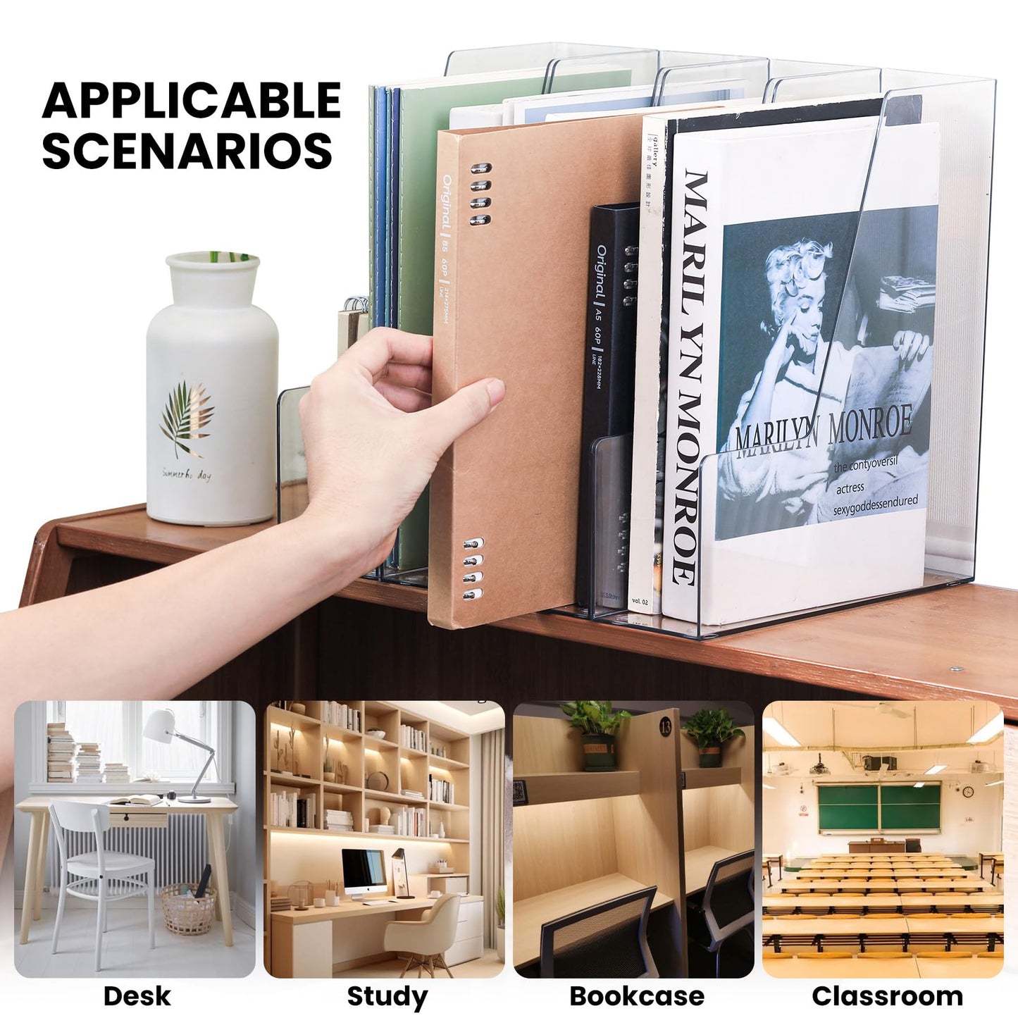 Vertical Magazine File Holder, Clear File Organizer Desk Organizer and Storage Bins Holding for Magazines, Binders, Notebooks, Envelopes, Plastic Office Organization and Storage for Desk, 4 pack