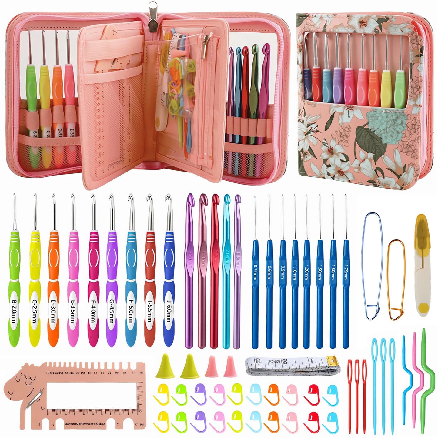 Dasonwin 60-Piece Ergonomic Crochet Hooks Set with Travel Case - Aluminum Crochet Needles Kit for Beginners & Experts, Arthritis-Friendly Design, Includes Stitch Markers & Accessories (Pink)