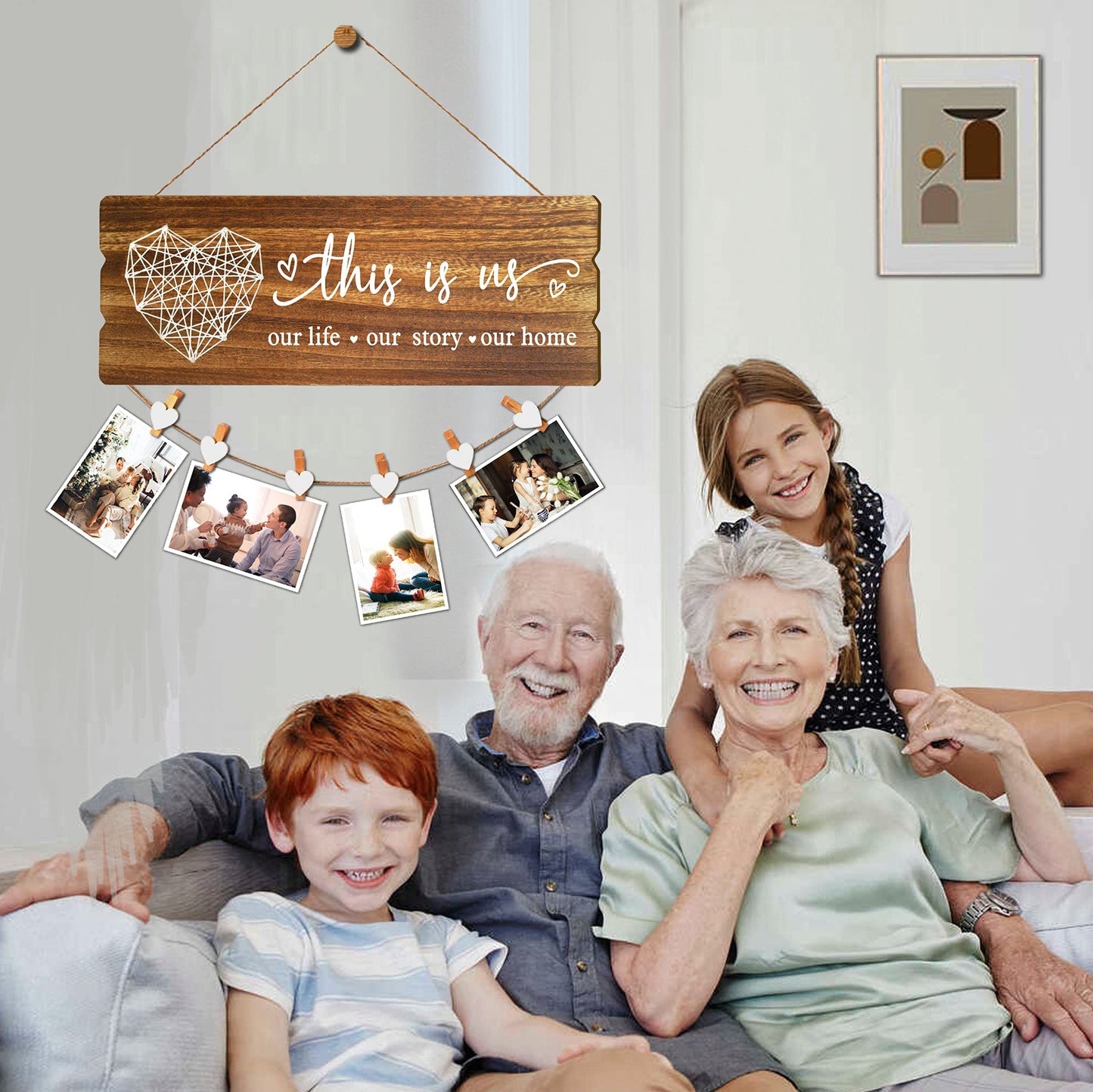 Buecasa Housewarming Gifts New Home Sign Decor - Rustic Wall Hanging Picture Frame with 6 Heart Clips -This Is Us Wall Decor 15.8x6.0 Inches