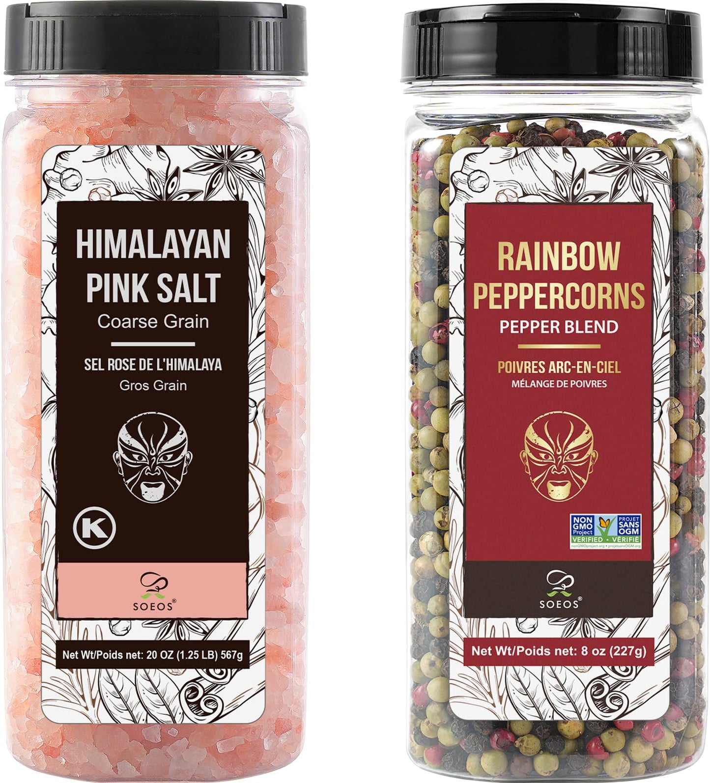 Soeos Himalayan Pink Salt and Rainbow Peppercorn Grinder Refills, 18oz Salt & 8oz Peppercorns, Kosher Seasoning Set for Cooking