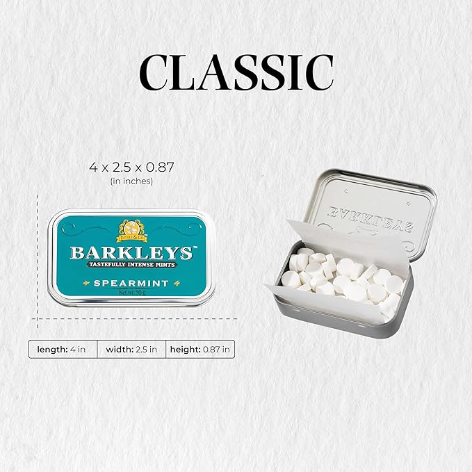 Barkleys Spearmint Breath Mints - Strong Spearmint Flavor Cool Mint Candy For Party, After Dinner, Wedding, Every Day Use - Vegan Breath Mints In Reusable Classic Travel Tins, 6 Pack - 50 Count Each