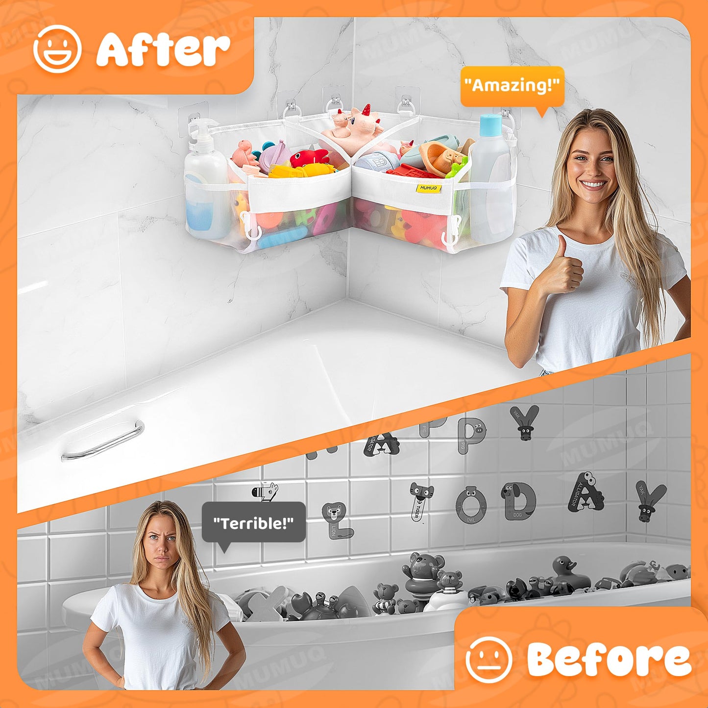 MUMUQ 3 Compartments Bath Toy Storage Corner Bath Toy Holder for Bathtub, Kids Tub Toys Organizer with Adhesive Hooks, Quick-Drying Machine-Washable Mesh Bathroom Organizer for Tidy Bathtub