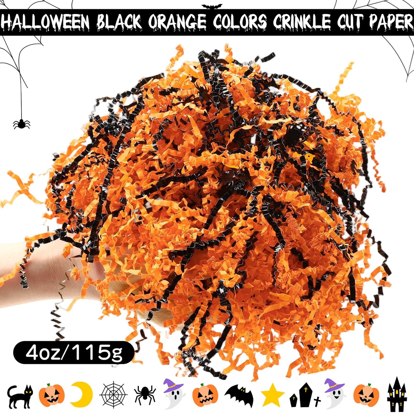 Jansun Halloween Black Orange Crinkle Cut Paper, 115g/4oz Shred Filler with Pumpkin Spider Bat Witch Confetti for Gift Wrapping Craft DIY Basket Filling Trick or Treat Candy Decorations
