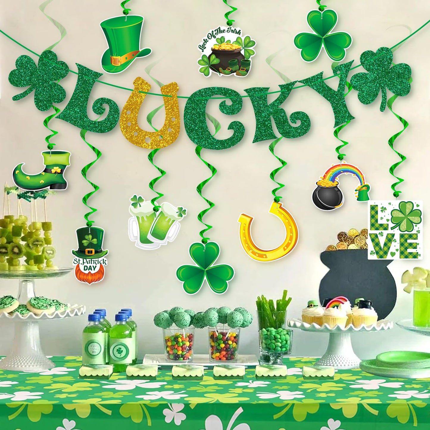 St. Patrick's Day Decorations Kit with Banner, 10 Hanging Swirls, NO-DIY Garlands Decorations for St. Patrick's Day Decor, St. Patrick's Day Party Favor, Office and Home Decor Supplies