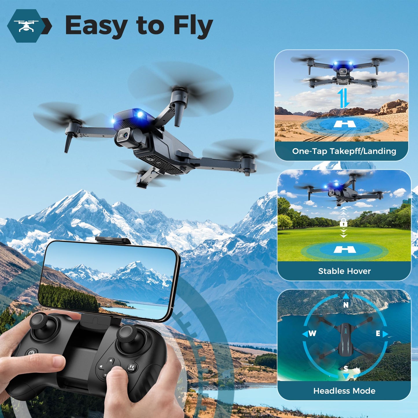 Drone with 1080P FPV Camera, Drone for Kids Adults with One Key Take Off/Land, Altitude Hold, 3D Flip, Waypoint Flight, Gestures Selfie, Gravity Control, 3 Speed, 2 Battery, Mini Drone with Camera for Kids 8-12 10-15, Beginners