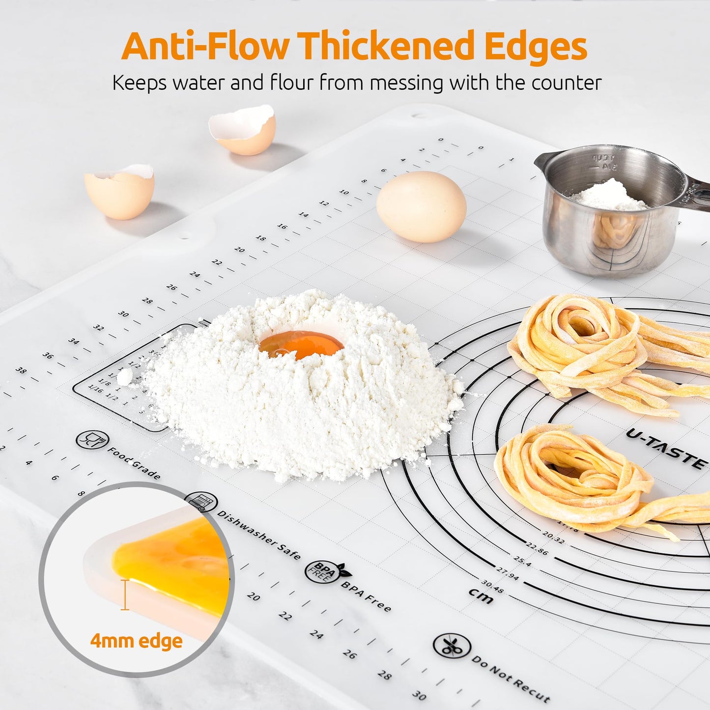 U-Taste 28"x20" Large Pastry Mat: Food-Grade Liquid Silicone Dough Rolling Baking Sheet, Non-Stick Non-Slip for Kneading, Making Pizza, Fondant with Clear Measurement and Raised Edges (Transparent)
