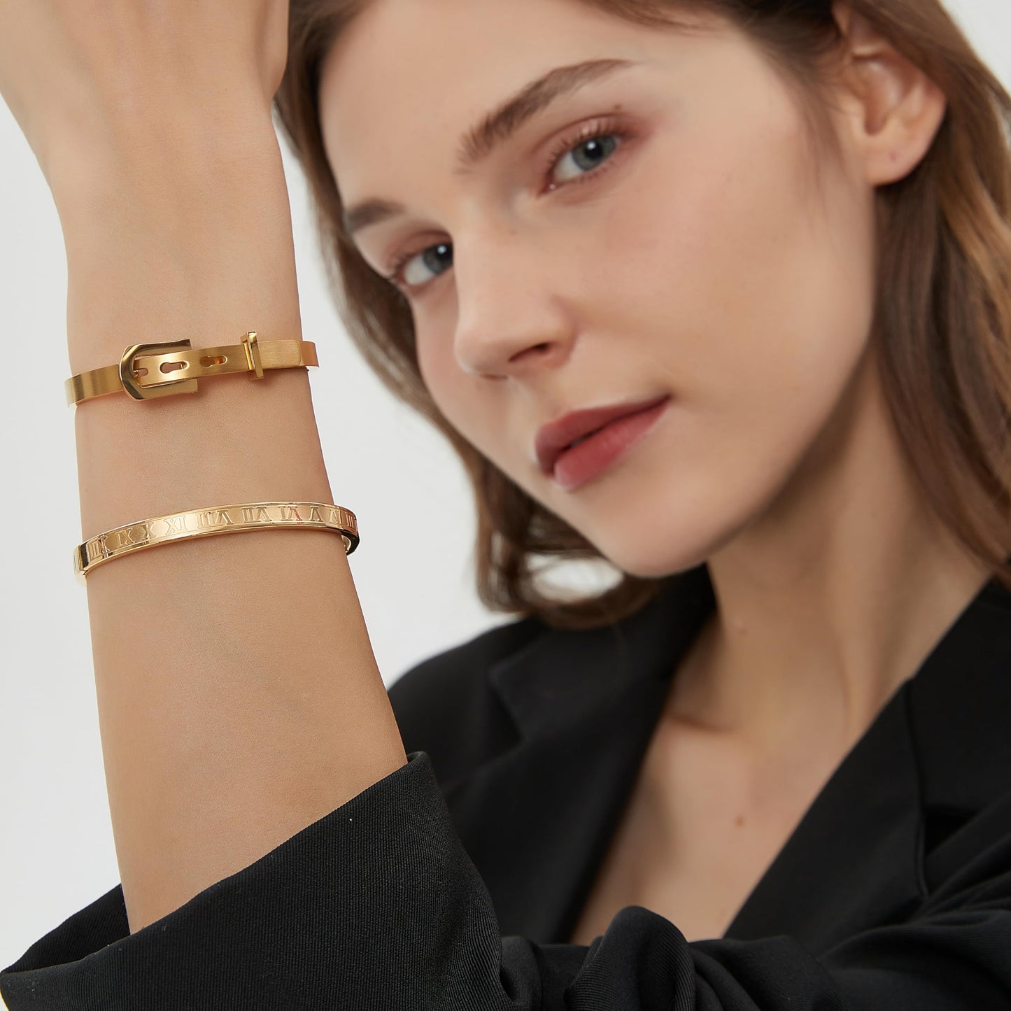 Jarlinwel Gold Silver Plated Bracelets for Men Women Roman Numeral Bangle Bracelet Stainless Steel Personalized Engraved Unisex Bangle (2 Pcs Womens Gold Bangle)