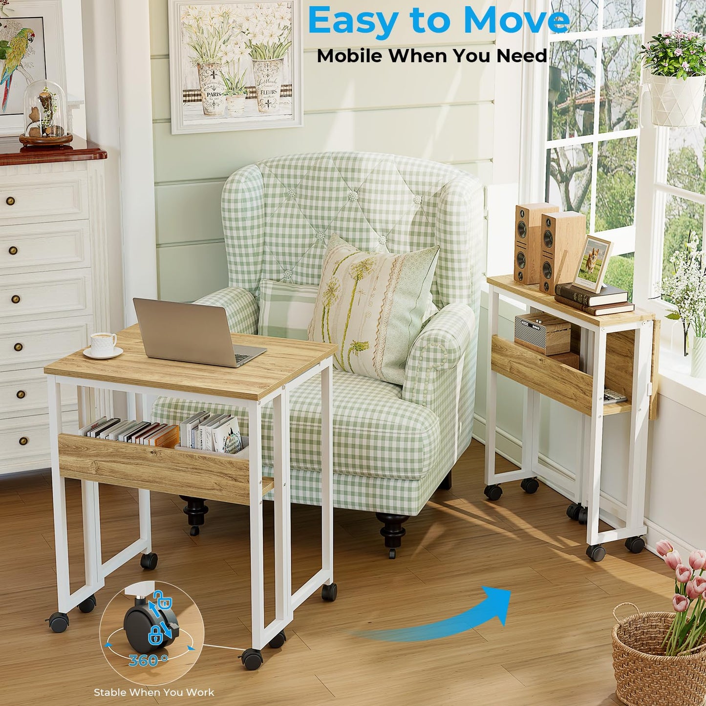 GreenForest Folding Desk Small Rolling Desk with Storage Shelf,24.8 inch Foldable Computer Desk with Wheels for Small Space,Easy Assembly,Oak