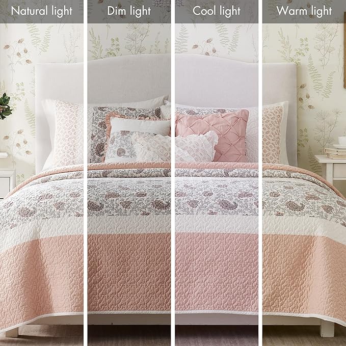Madison Park 100% Cotton Quilt Set Floral Print, Double Sided Stitching, All Season, Lightweight Coverlet Shabby Chic Bedding Layer, Matching Shams, King/Cal King, Blush 6 Piece