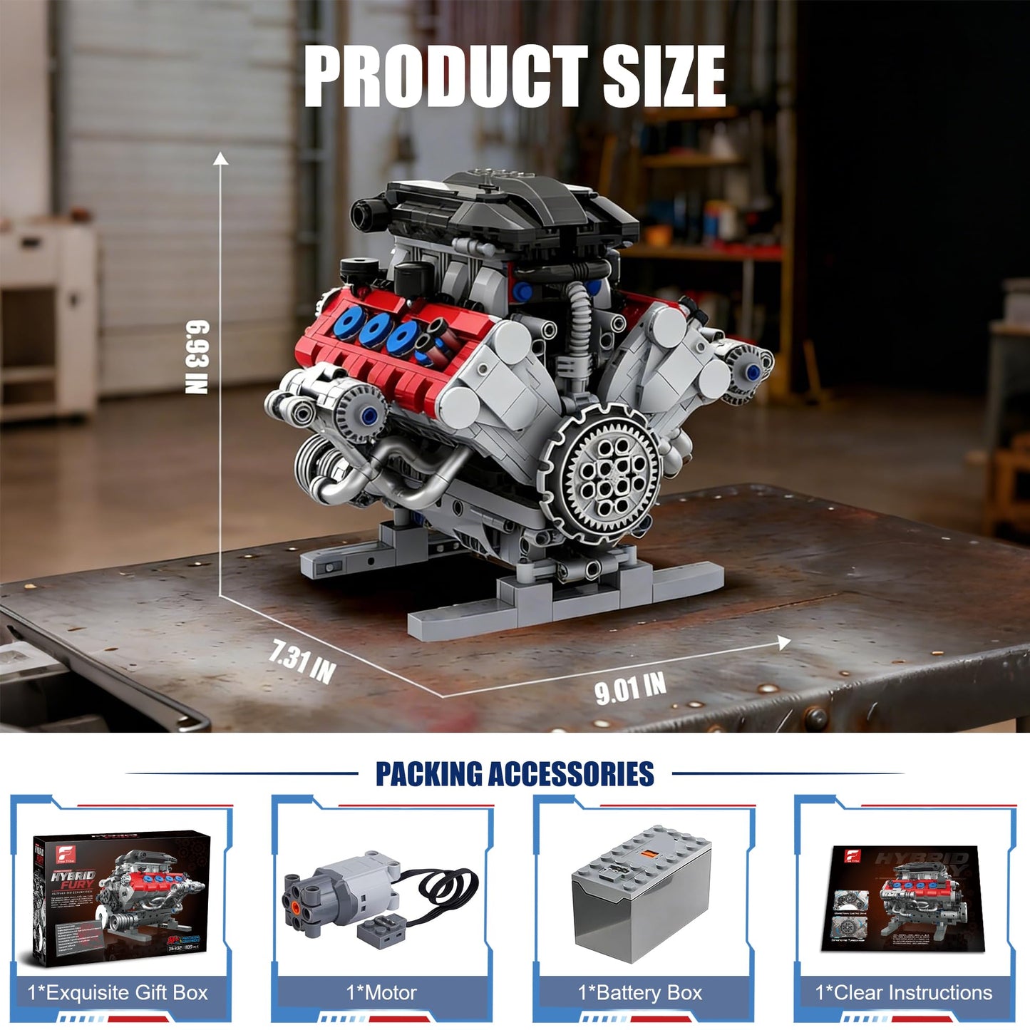 HUNKING V8 Engine Building Set for Adults, Build Your Own MOC Mini V8 Engine STEM Model Toy with Motor, Model kit that Run, Car Engine Building Blocks for Teens & Kids Boys (1189PCS)