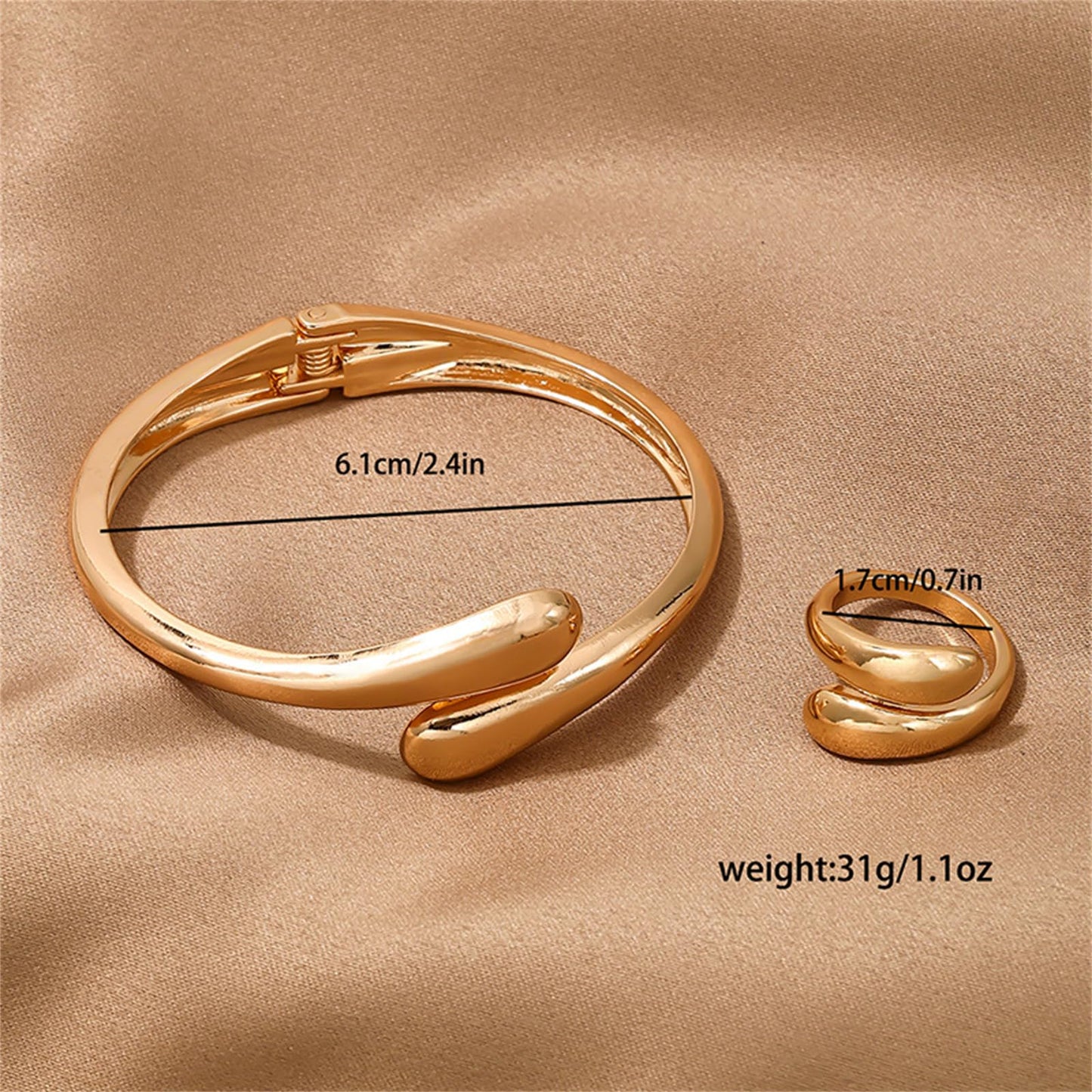 Hcrohihit Chunky Thick Cuff Bangle Bracelet for Women,Minimalist Adjustable Open Cuff Bracelet and Ring Collar Set,Polished Statement Cuff Bangle,Fashion Jewelry (B Gold)