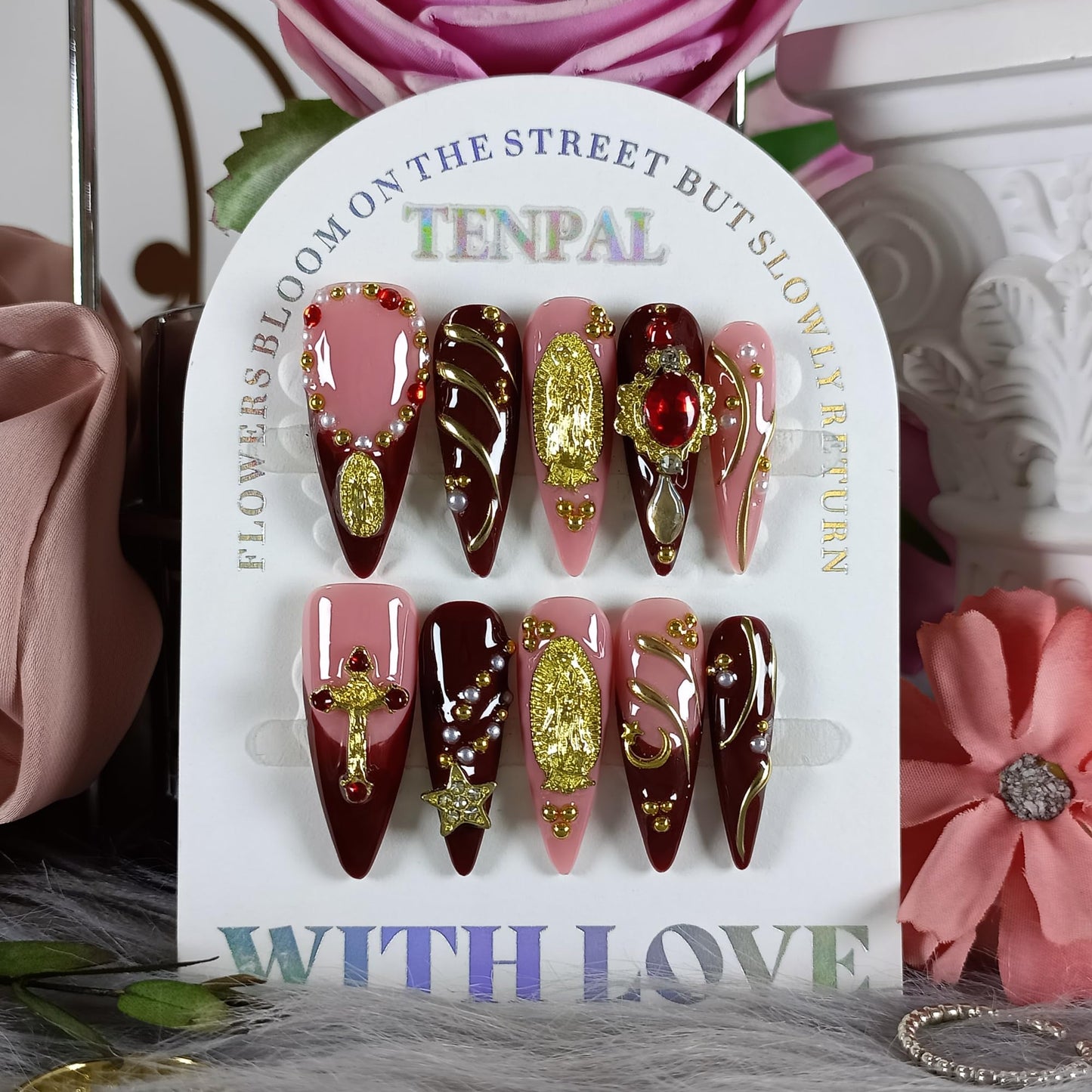 TENPAL Handmade Press on Nails Long Stiletto - Nude Pink Wine Cross Design Fake Nails with 3D Religious Charm | Acrylic Glossy Icy False Nails with Tools | Chapelcore Y2K Nails(M)
