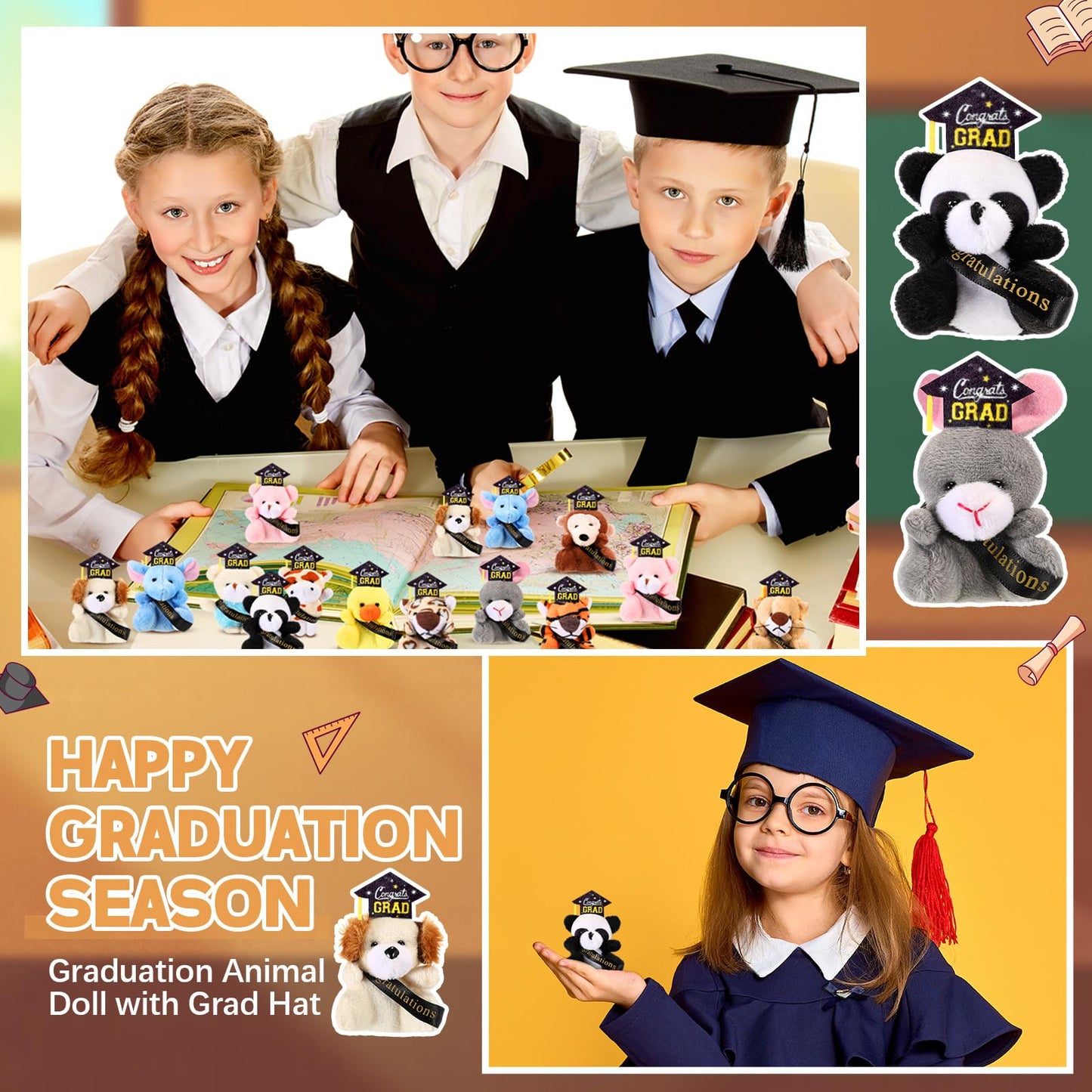 MiniInflat 12 Pcs Mini Graduation Stuffed Animal Bulk Tiny Congrats Grad Plush Small Animal Doll Keychain with Grad Hat for 2026 Graduation Party Favors Prek Kindergarten Classroom Exchange Gift