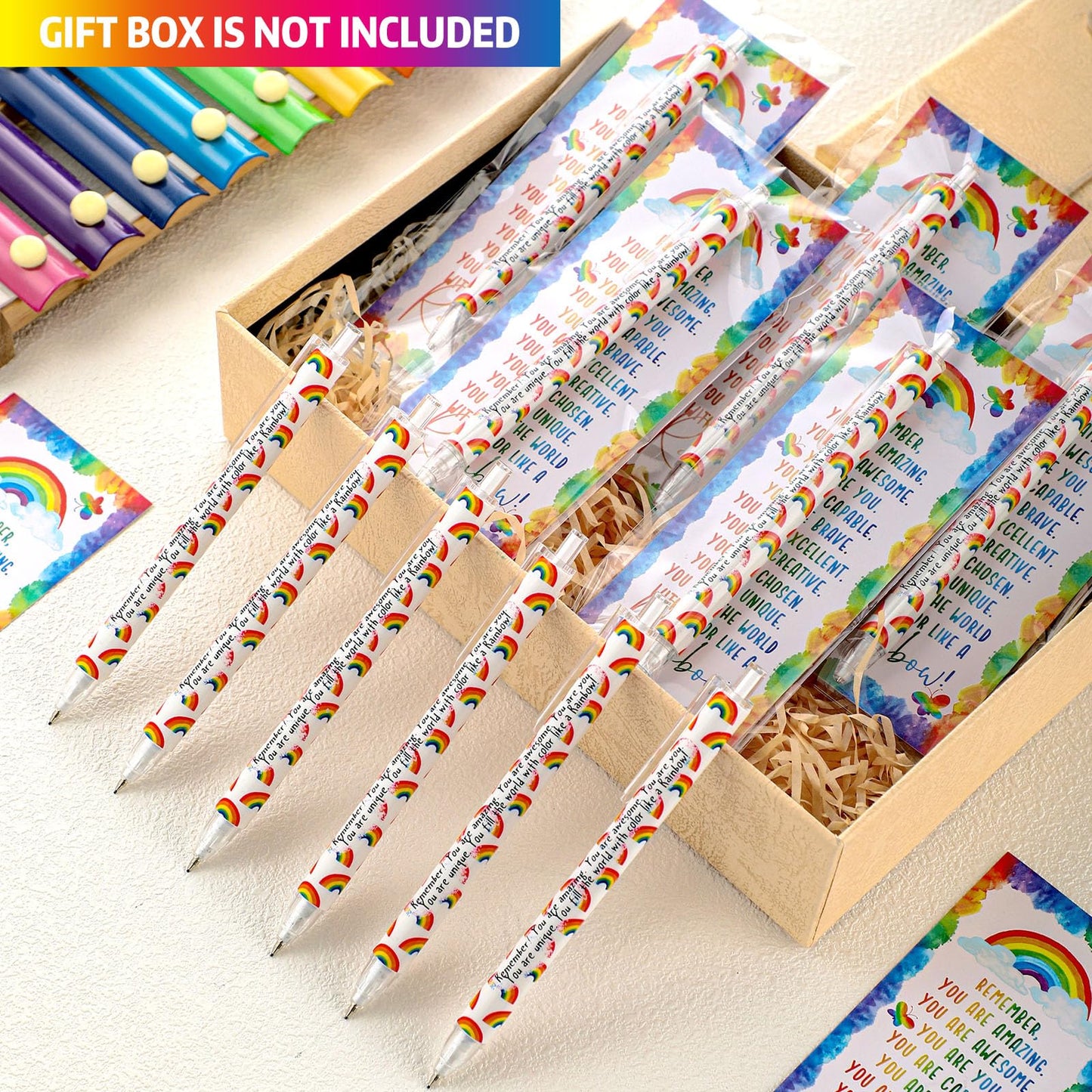 AmazingSpark 50 Set Inspirational 0.7 mm Rainbow Retractable Pencil Gifts for Students from Teacher Encouragement Affirmation Bookmark Cards Opp Bag Valentines Classroom Prize Awards for School