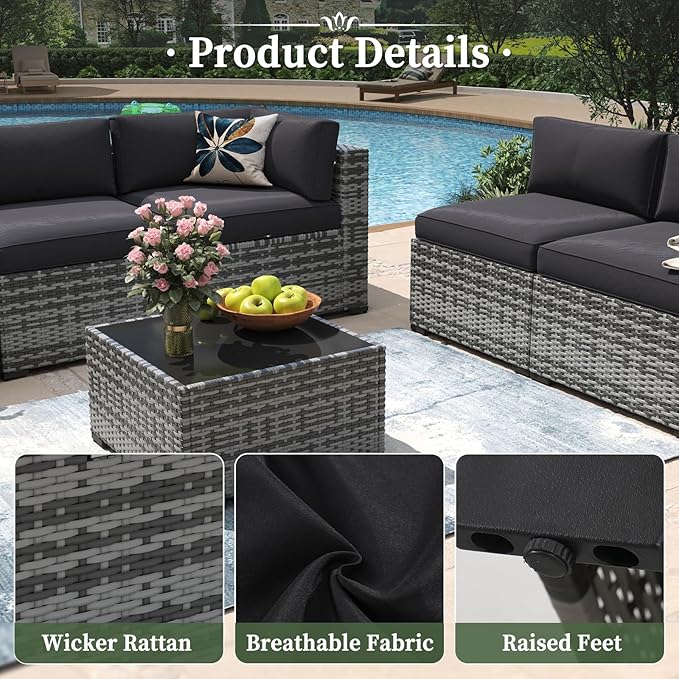 Aoxun 12 Piece Patio Furniture Set with 44” Fire Pit Table Wicker Rattan Outdoor Sectional Sofa Set with Coffee Table and Thickened Cushions, Grey/Black (Waterproof Cover Included)