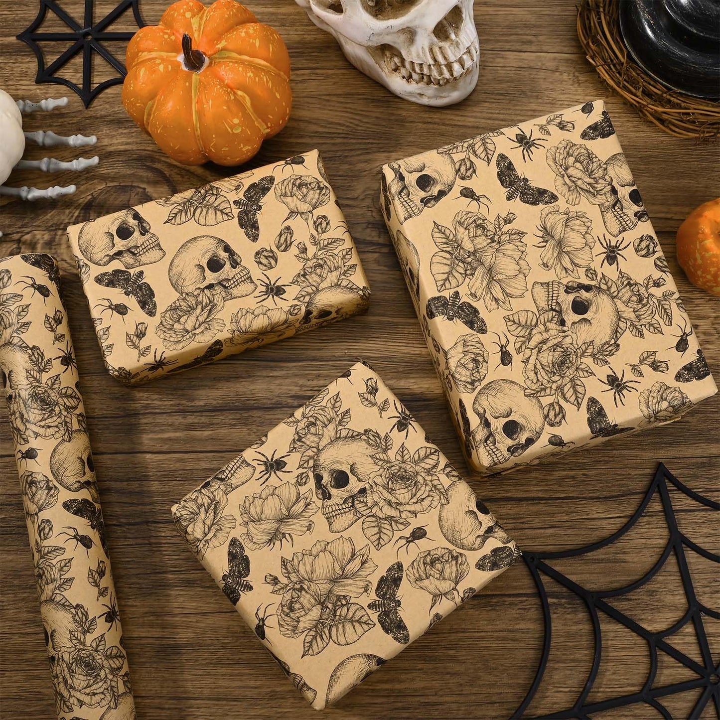 Bolsome Kraft Skull Wrapping Paper Goth Rose Skull Patterned Gift Wrap Paper Roll for Halloween Party Baby Shower Birthday Party Packaging Supplies, 17 Inches × 33Ft