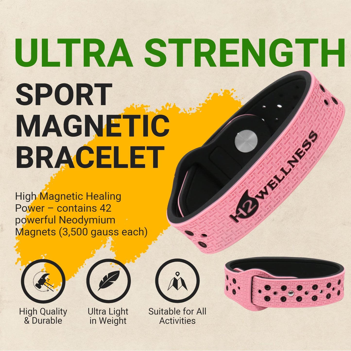 H2WELLNESS Magnetic Therapy Bracelet Super Ultra Strength Waterproof Breathable Comfortable Adjustable Infused with Titanium and Copper Sport Band (Pink)