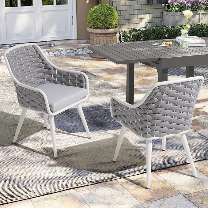 SUNSITT Outdoor Dining Chairs Set of 4, Metal Outdoor Patio Dining Chairs with Weather-Resistant Cushions, Woven Rope Chairs Outdoor with Armrest Light Grey Outdoor Furniture Chairs for Backyard