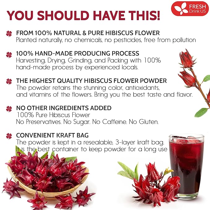 FreshDrinkUS Premium 100% Natural Hibiscus Flower Powder, 40oz - No Additives, Gluten, Sugar - Vegan
