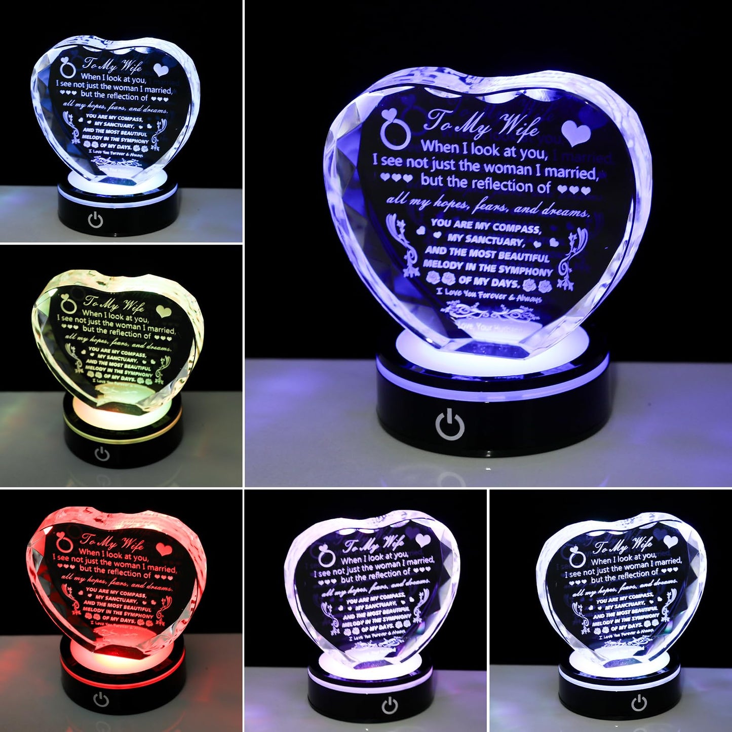 MysticGlitz Anniversary Romantic Gifts for Wife, Heart Crystal Keepsake Decor, LED Light Base Night Lamp, Thoughtful Birthday Gift for Her, Wedding Anniversary Present for Wife