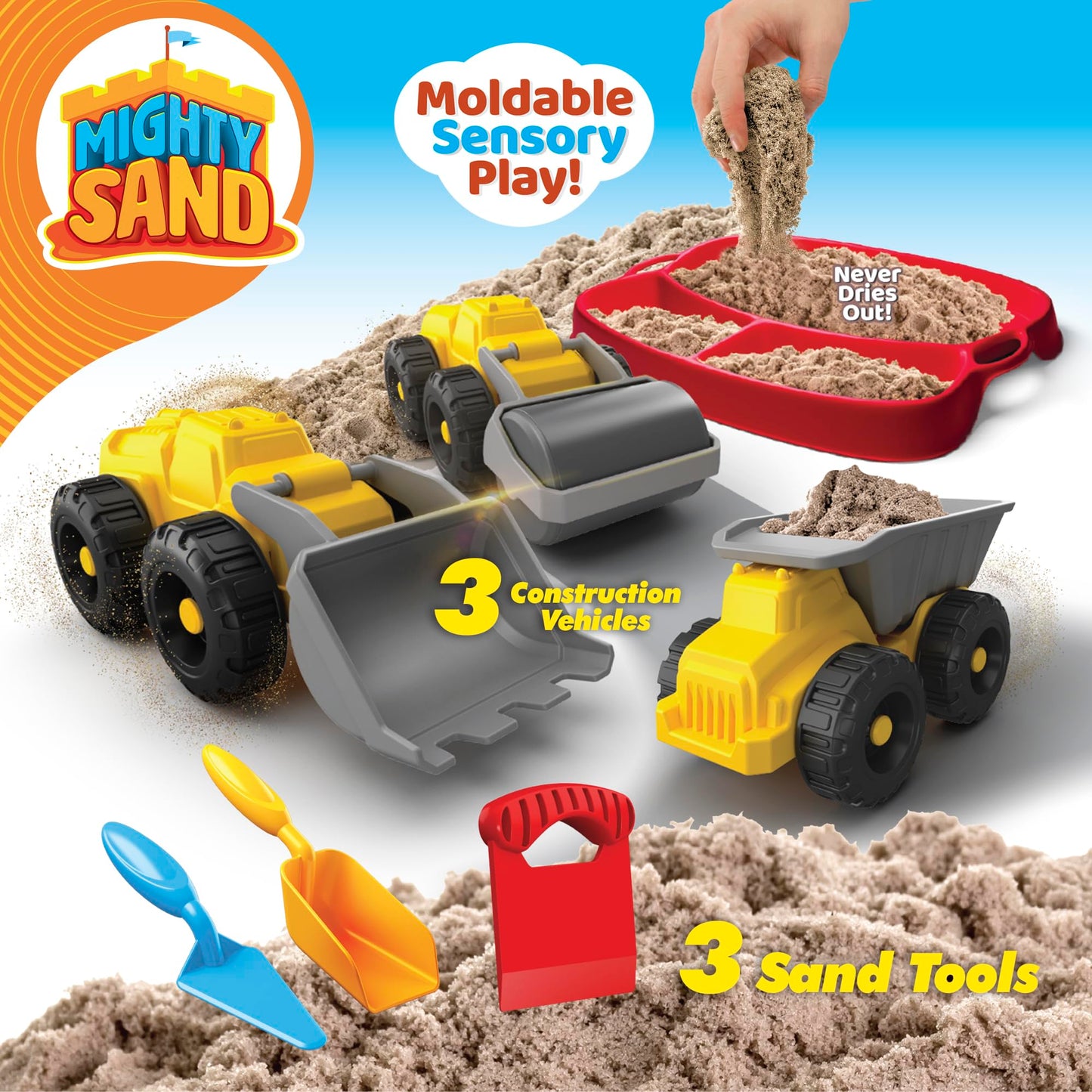 Mighty Sand Construction Time Playset for Kids – Soft Moldable Sand, Trucks, Tools & Play Tray for Sensory Building Fun and Imaginative Play Without Mess