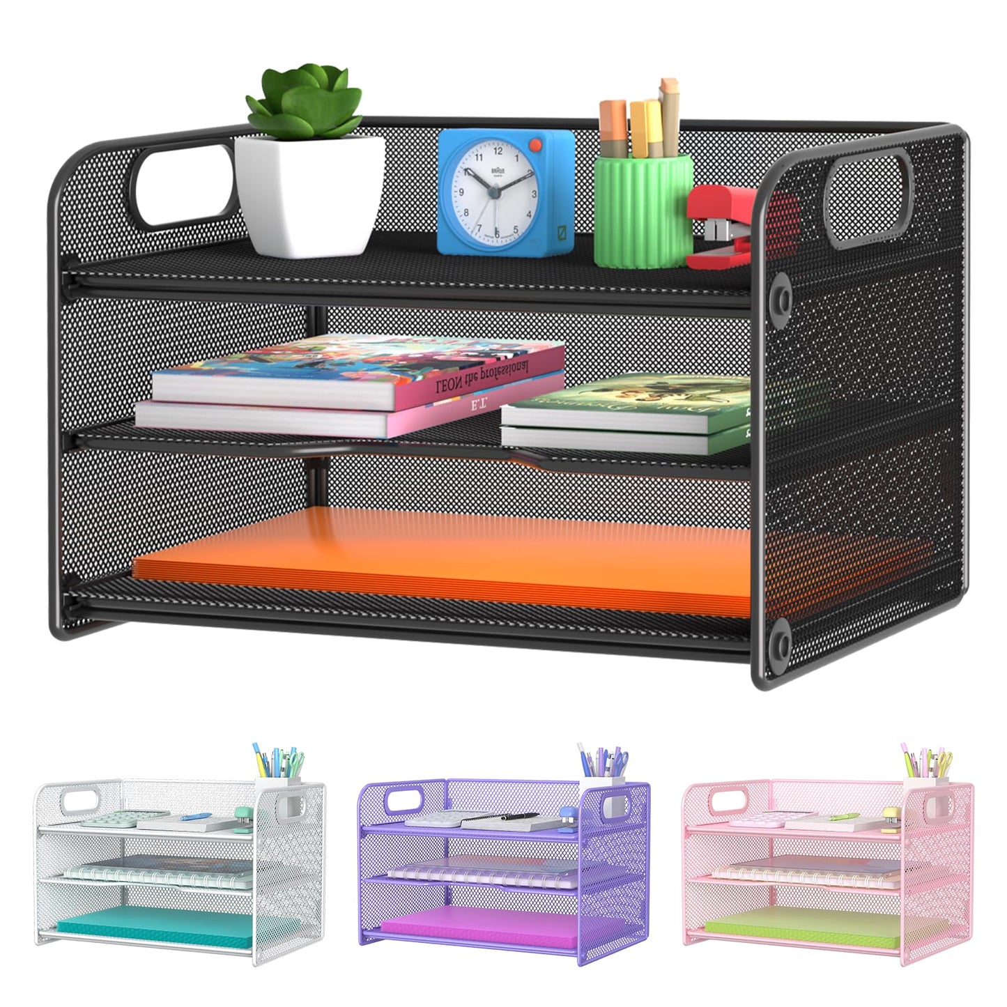 Samstar 3 Tier Letter Tray Paper Organizer with Handle, Mesh Desk Organizer Paper Sorter File Rack Shelves, Black