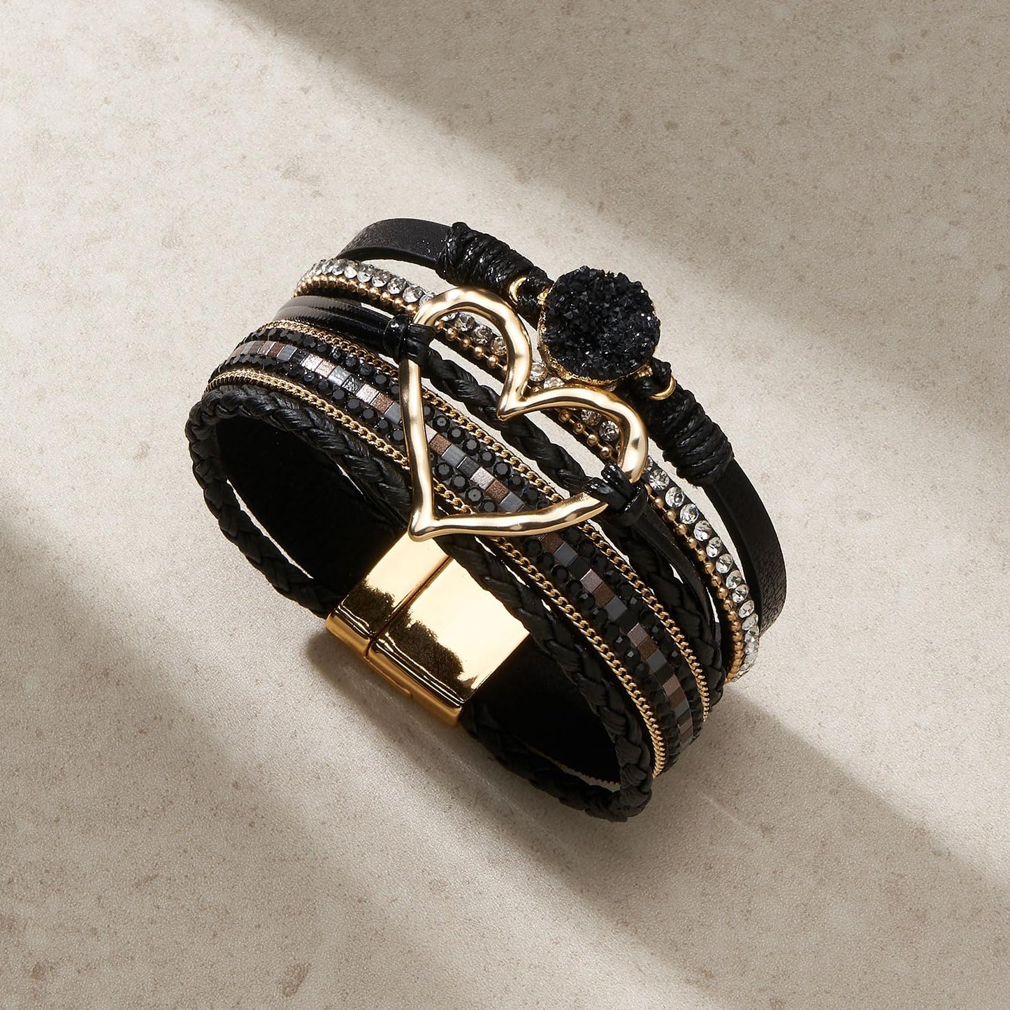 QIUTIMIY Leather Bracelets for Women Trendy Boho Cuff Bracelet Layered Bangle with Clasp Hand Wrist Jewelry Western(Style 6-Black)