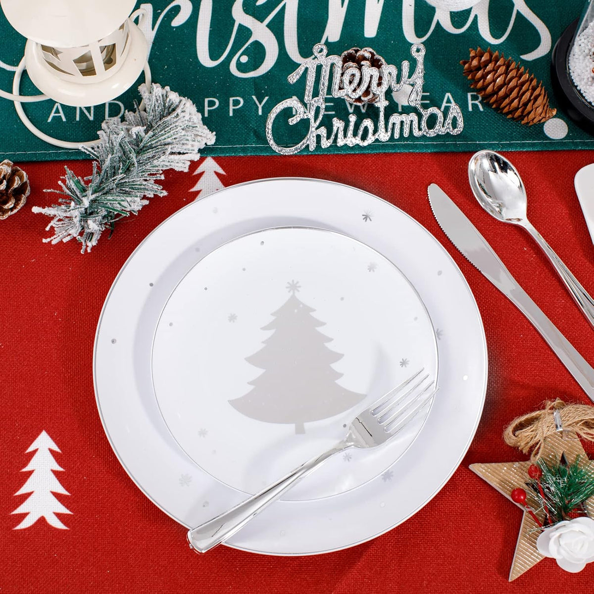 WDF 50 Pieces Silver Plastic Plates - Christmas Plastic Plates with Christmas Tree - Heavy Duty White and Silver Disposable Plates for Christmas