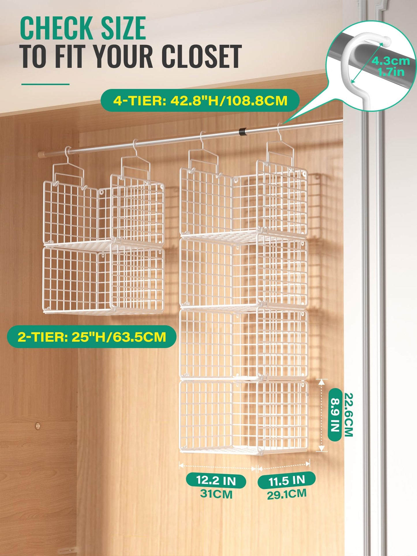 Orapoke Hanging Closet Organizer, 4 Tier Metal Closet Organizers and Storage with 4 Hanging Hooks 4 S-Hooks for Wardrobe Laundry Room, Wire Storage Shelf for Clothes Sweaters Pants (White)