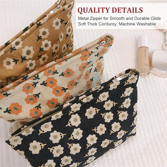 HAPPYHEIDI Women Floral Corduroy Canvas Makeup Bag Travel Cosmetic Pouch Purse Organizer, Cute Beige