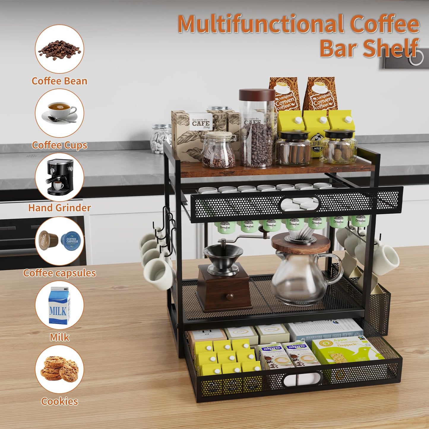 Coffee Bar Organizer Station with CoffeePod Drawer Mug Cup Holder and Tea Condiment Storage for Countertop Organizer CoffeeBar Accessories for Kitchen,Home,Office