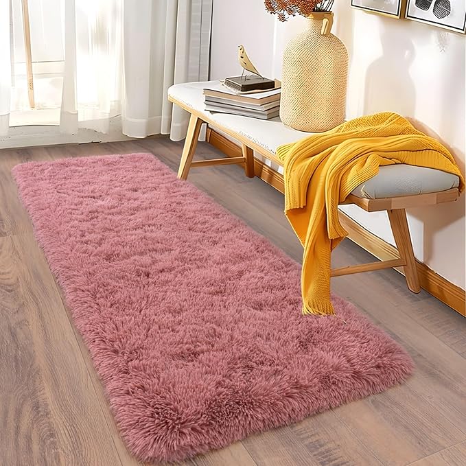 Soft Runner Rugs for Bedroom Hallways, 2x6 Blush Pink Fluffy Shag Throw Area Rug Non Slip for Bedside Dorm, Long Shaggy Furry Carpet for Nursery Living Room