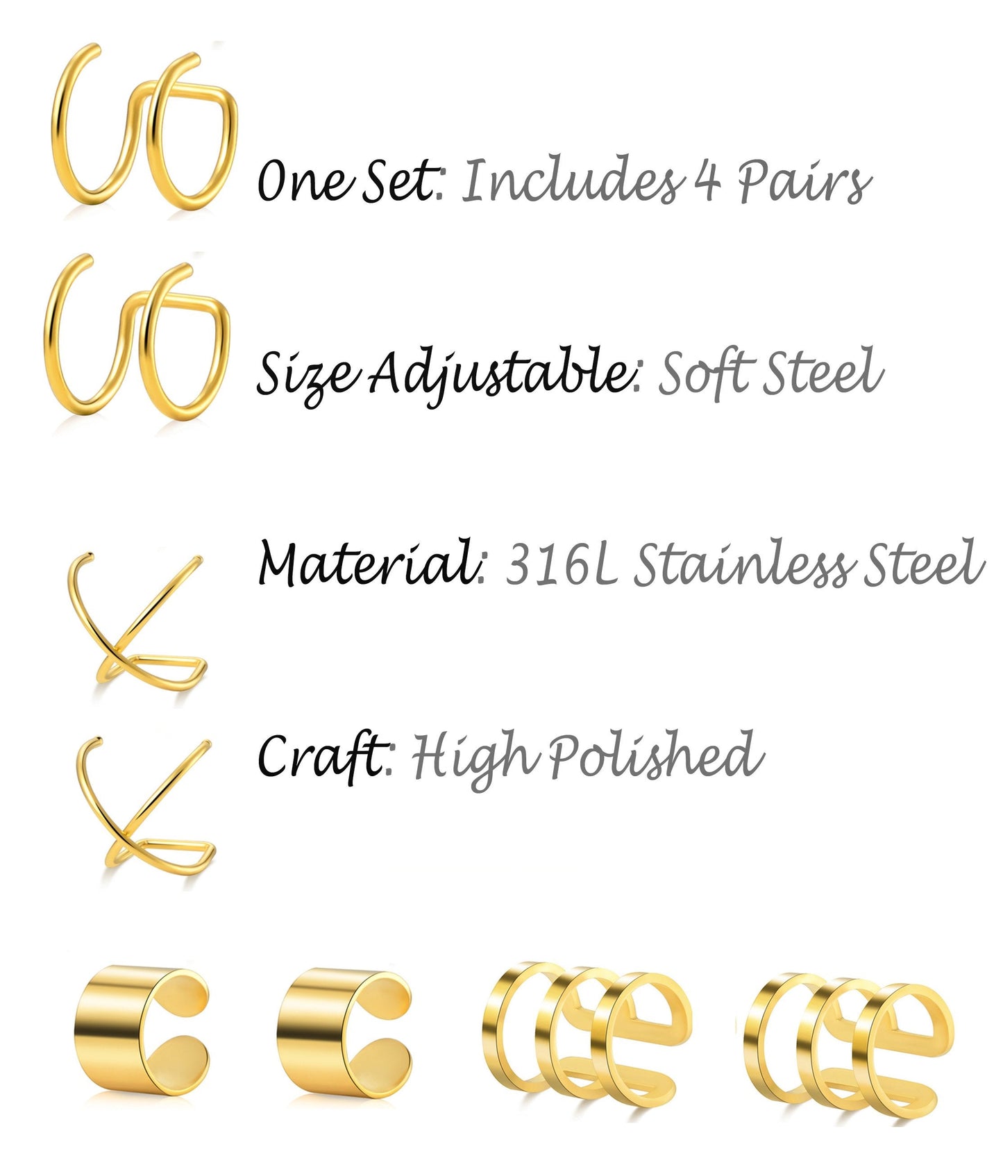 Tornito 4-10 Pairs Stainless Steel Ear Cuff Helix Cartilage Clip On Wrap Earrings Fake Nose Ring Non-Piercing Adjustable (B1: 4 Pairs, Gold Tone)