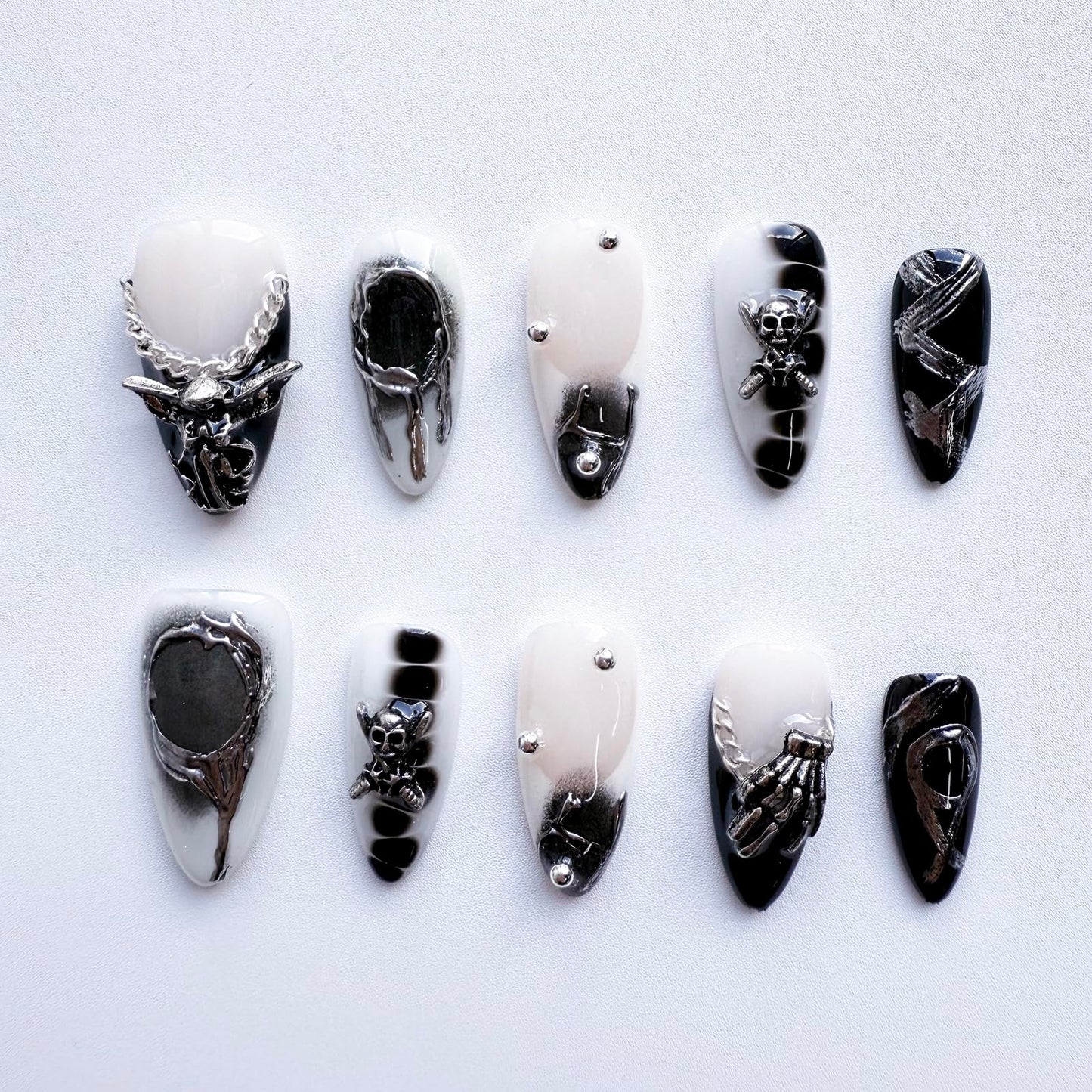 Halloween Press on Nails Black French Tip Fake Nails Handmade Press on Nails Luxury 3D Handbone Skull and Angel Designs Full Cover Gradient Acrylic Nail Muti-Layer Gel False Nail for Women (Size S)