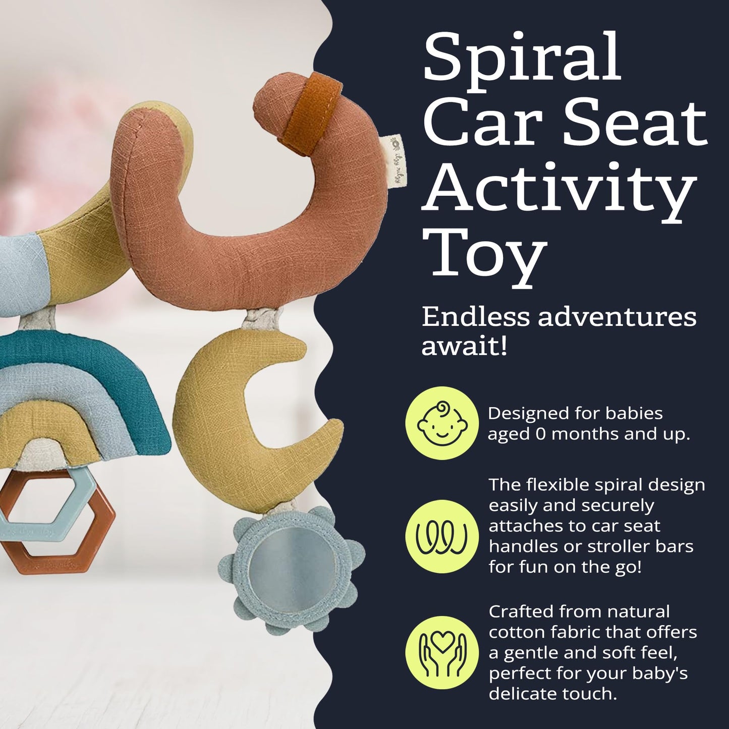 Itzy Ritzy Spiral Car Seat & Stroller Activity Toy - Stroller & Car Seat Toys for Ages 0 Months and Up - Hanging Toys Include Clinking Rings, Mirror and Textured Ribbons (Rainbow)