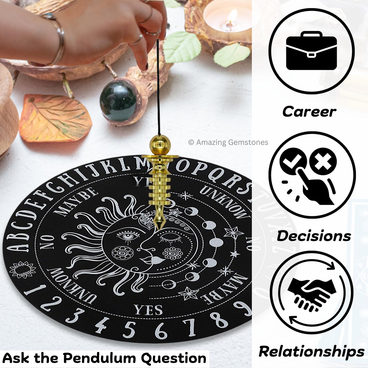 Amazing Gemstone Healing Metal Pendulums for Divination, Gold 4 Ring ISIS with Flower of Life Plate Copper Pendulum High Energy Pendulo de Bronce Pendulos de Mesa MP109