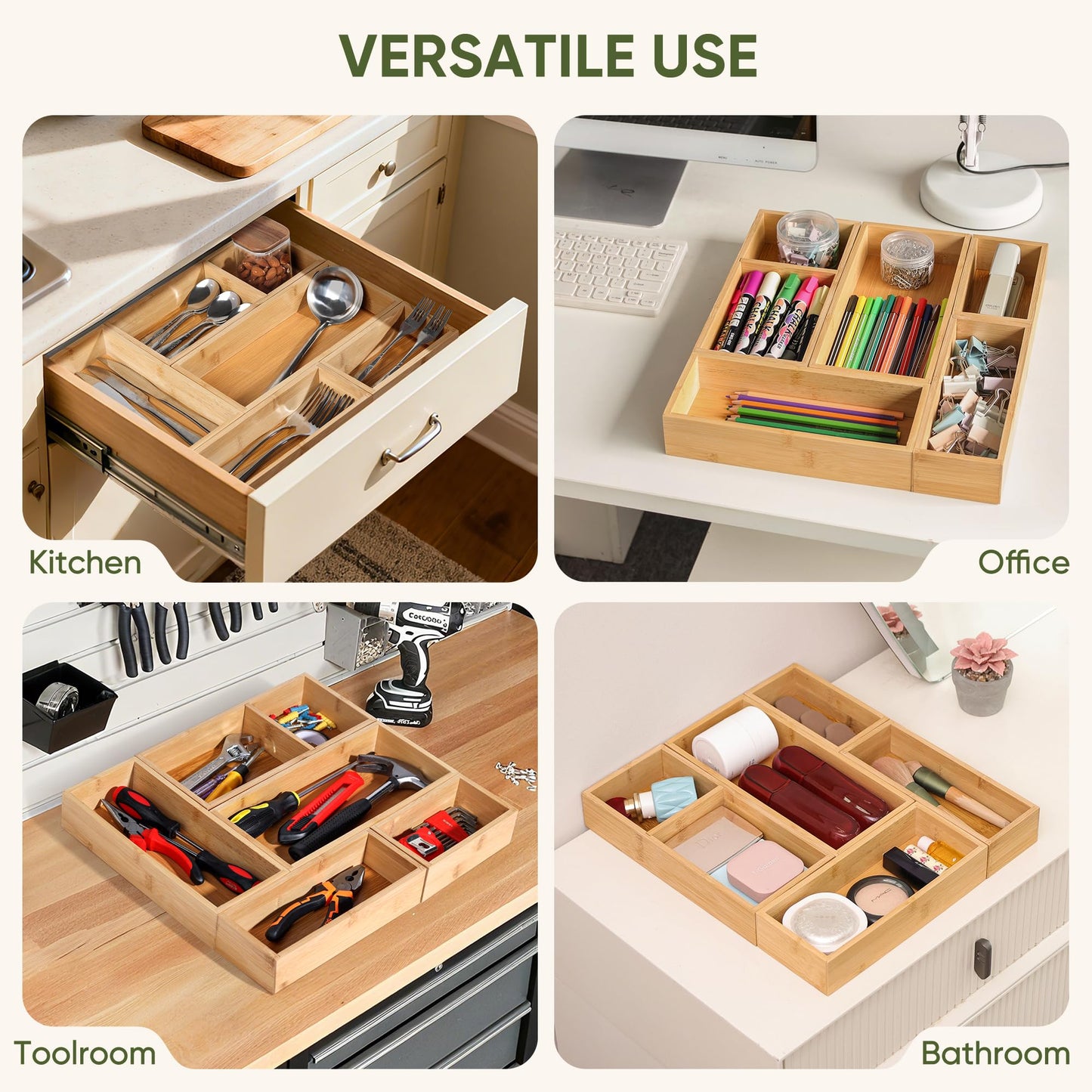 Vincona Bamboo Drawer Organizers Set, 3PCS Multi-Use Wood Storage Organizers, Desk Drawer Tray for Kitchen, Bathroom, Office, Dresser, Bamboo Box Bin for Jewelry, Makeup, Junk, Gadgets