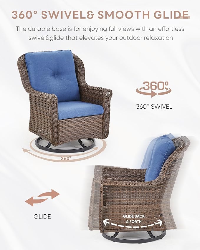 3 Piece Patio Swivel Chairs and Side Table Set - High Back Outdoor Brown Wicker Rattan Rocking Glider with Thick Cushions for Porch Apartment Deck Yard Poolside Garden - Navy Blue