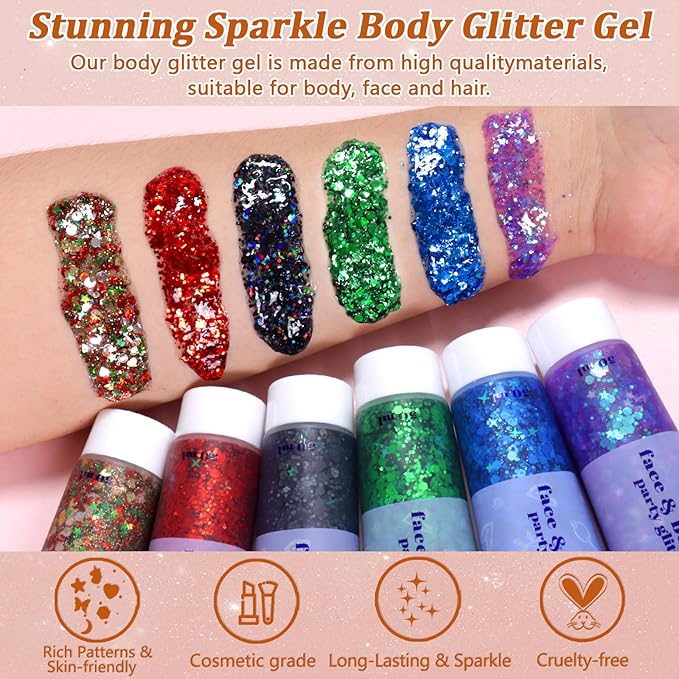 Boko 50ML Body Glitter Gel, Red Chunky Glitter Gel for Face Hair Body Love Heart Makeup, Mermaid Face Glitter Sequins for Festival Music Concert Party Event Rave Accessories