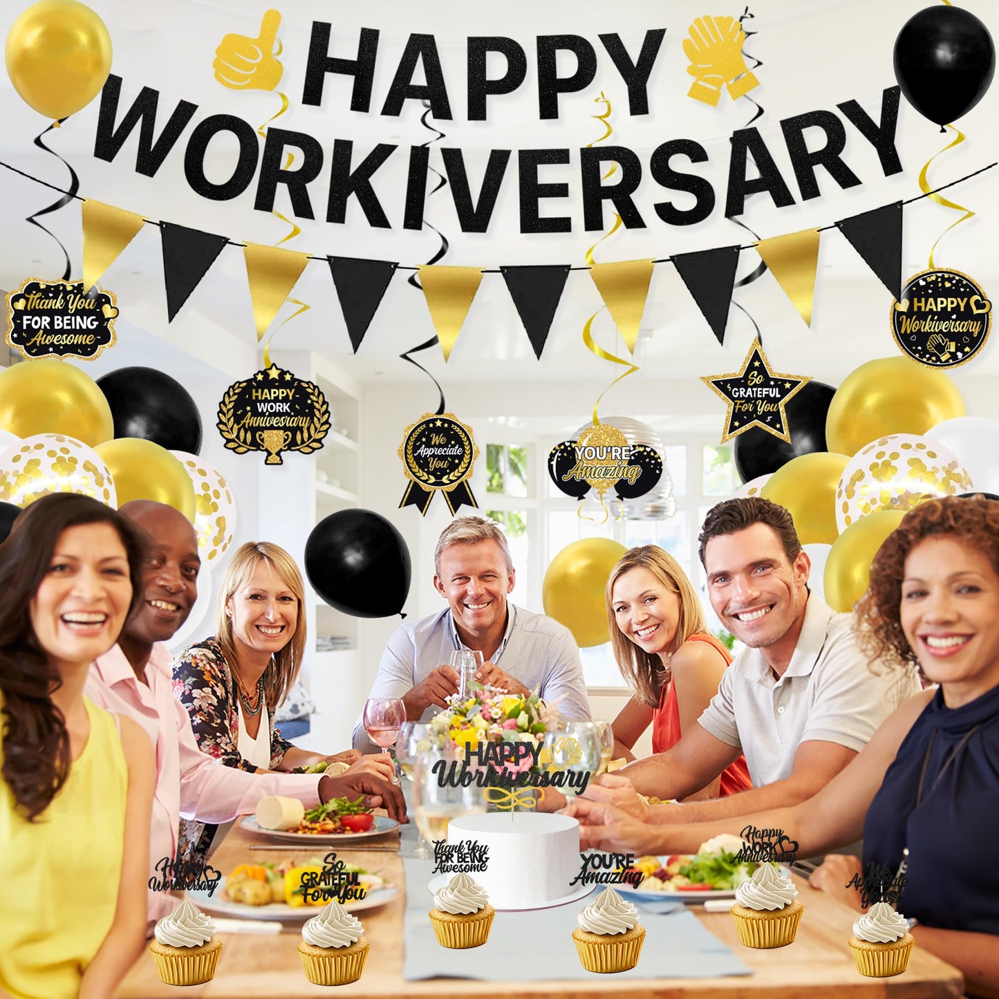 Roetyce Work Anniversary Party Decorations, Black Gold Happy Workiversary Banner Cake Topper Balloons Hanging Swirls, Work Anniversary Backdrop Background for Employee Coworker Office Party Supplies