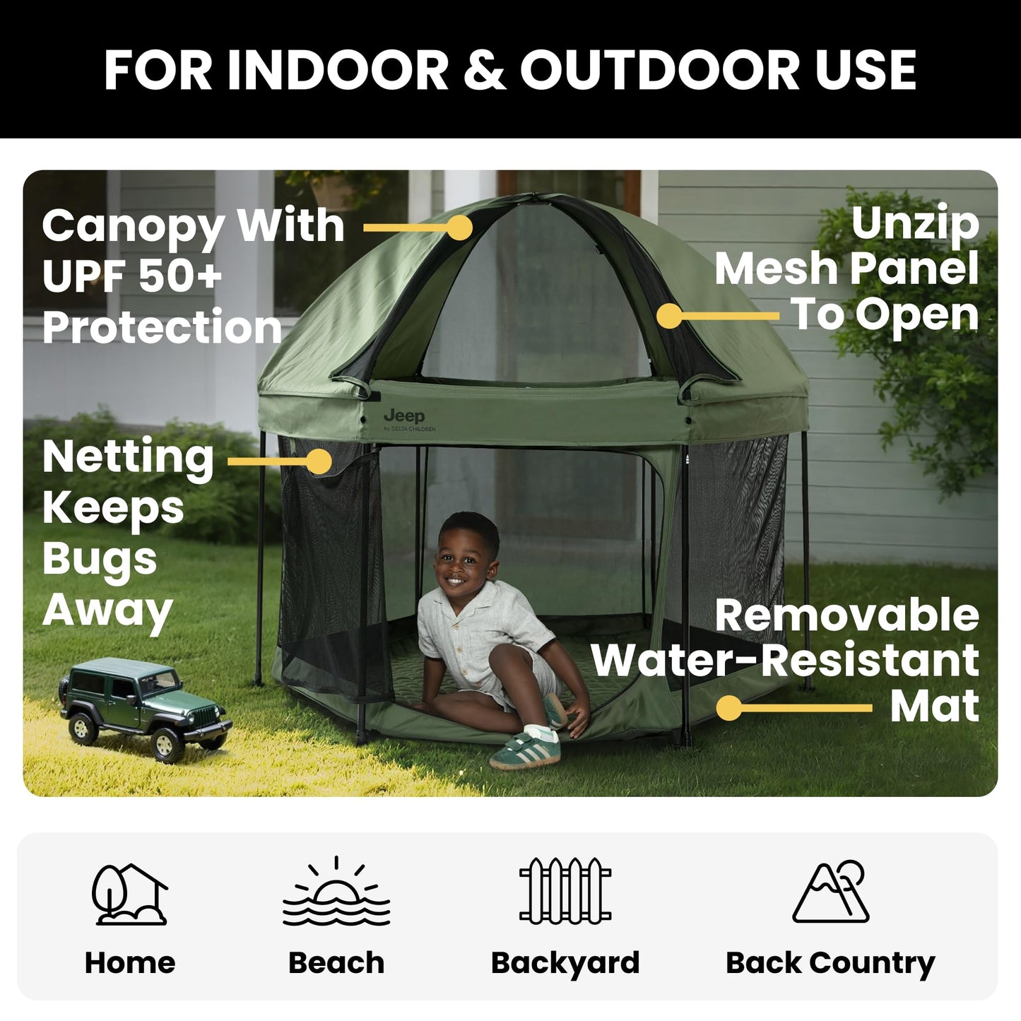 Jeep Hexagon Pop Up Play Yard with Removable Canopy | Ideal for Indoor and Outdoor Use, Olive Green