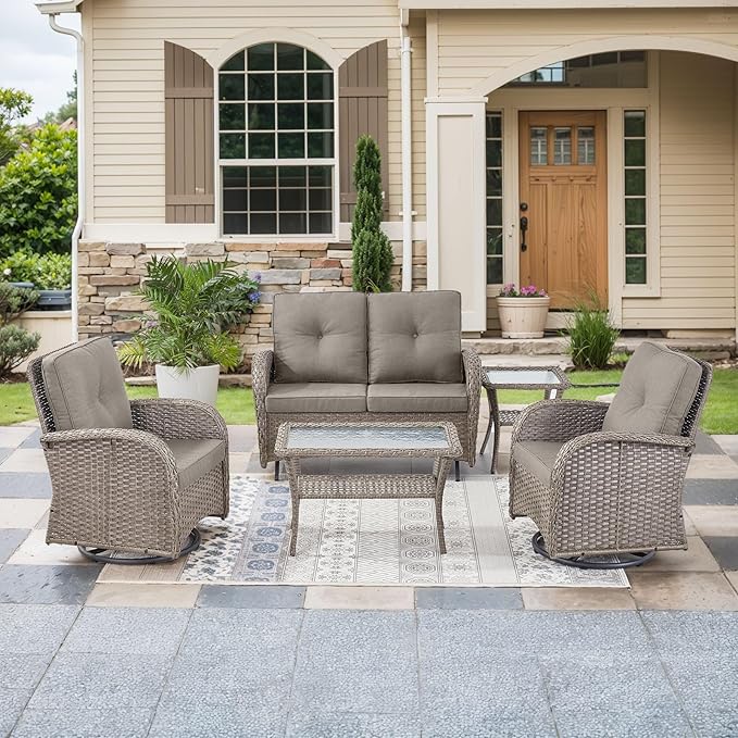 HUMMUH Patio Furniture Wicker Outdoor Furniture Sets High Back Outdoor Glider Bench with Patio Swivel Chairs Patio Conversation Sets for Deck Lawn Porch Balcony Poolside-Grey/Grey