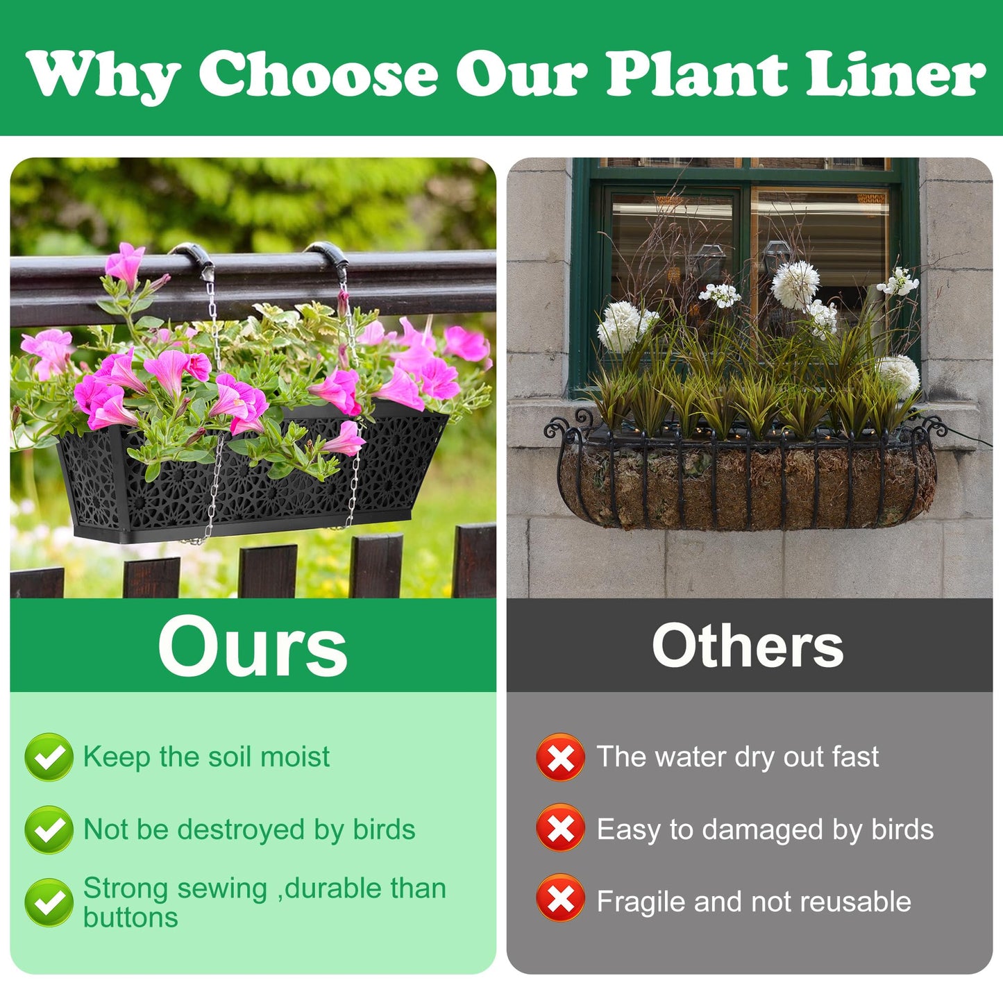 Adnee 2 Pcs 24 Inch Fabric Plant Window Box Liners-Rectangular Non-Woven Planter Basket Liner-Black Felt Flower Hanging Basket for Outdoor Garden Wall Hanging Planter Flower Vegetables
